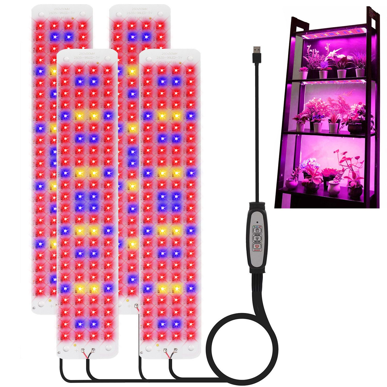 MUPOO Pflanzenlampe Vollspektrum/Sonnenlicht/Pink-Violette LED-Wachstumslicht, USB, Timer, Vollspektrummodell, 4 Panel, LED fest …