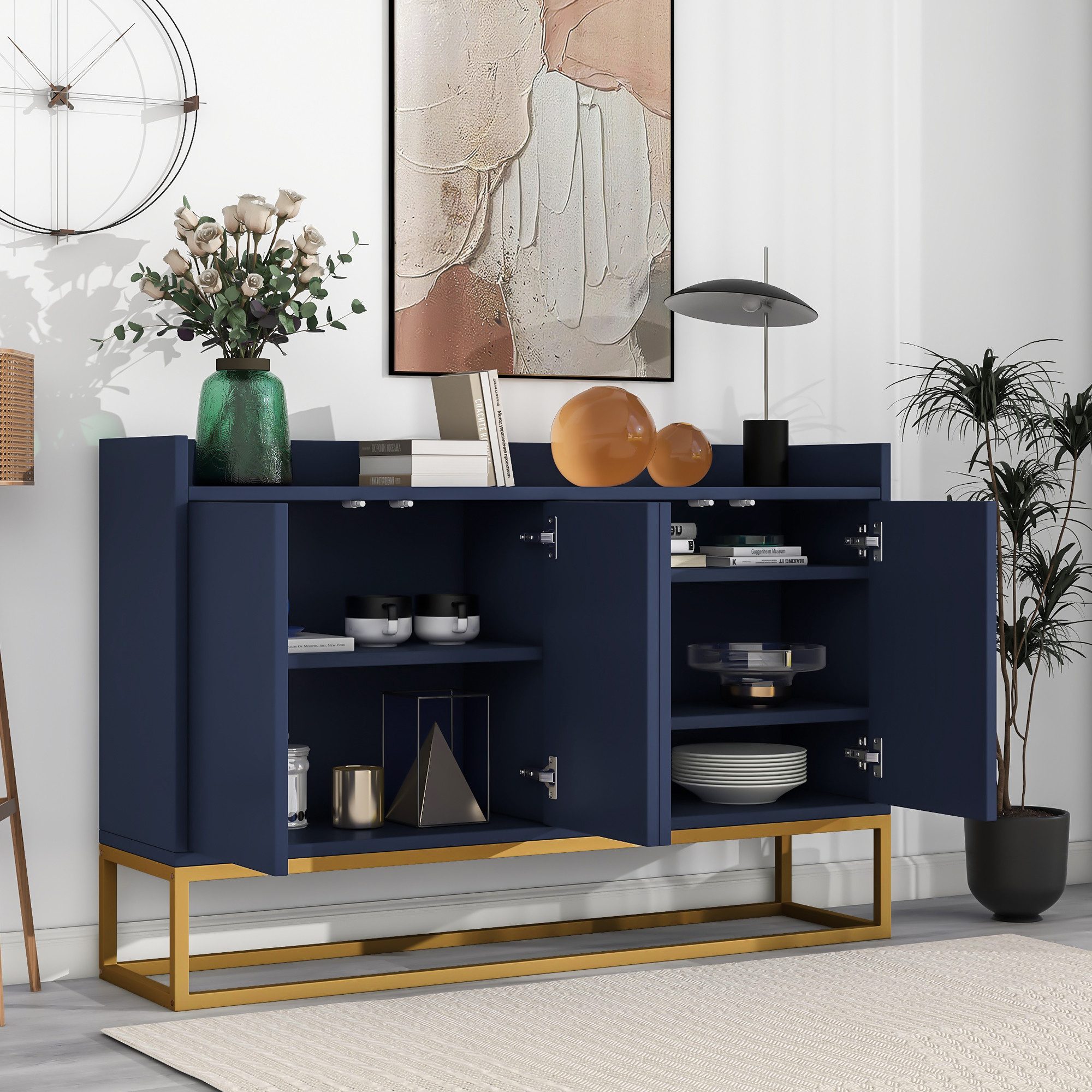 Flieks Sideboard, Kommode mit 4 Türen mit goldenen Metallbeine 120x30x80cm