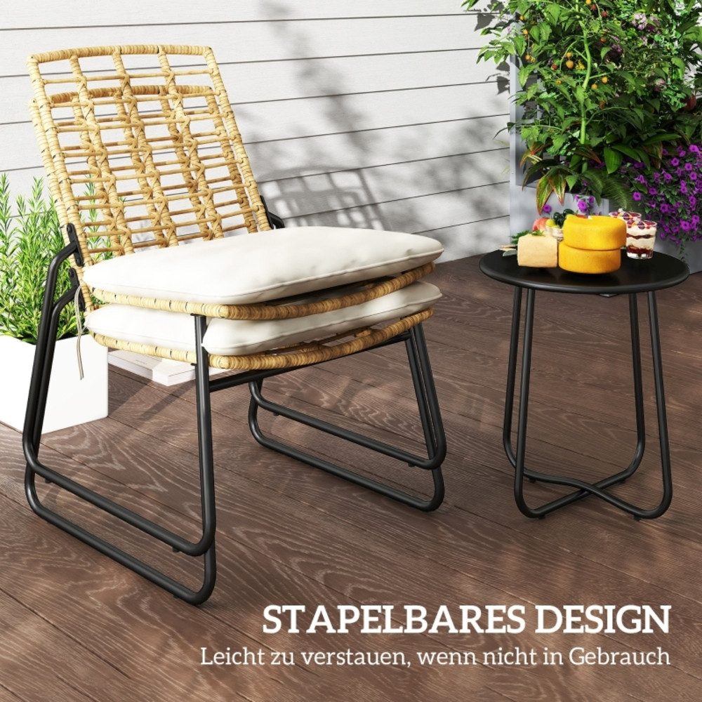 REDOM Sitzgruppe 3-tlg. Ø 40x46 cm in Beige, 2 Stapelstühle + Tisch, inkl. Sitzkissen, (Set, 3-tlg., Leichte Pflege & robuste Konstruktion – platzsparend), Wetterfeste Sitzgruppe für 2 Personen – für Balkon, Terrasse & Garten