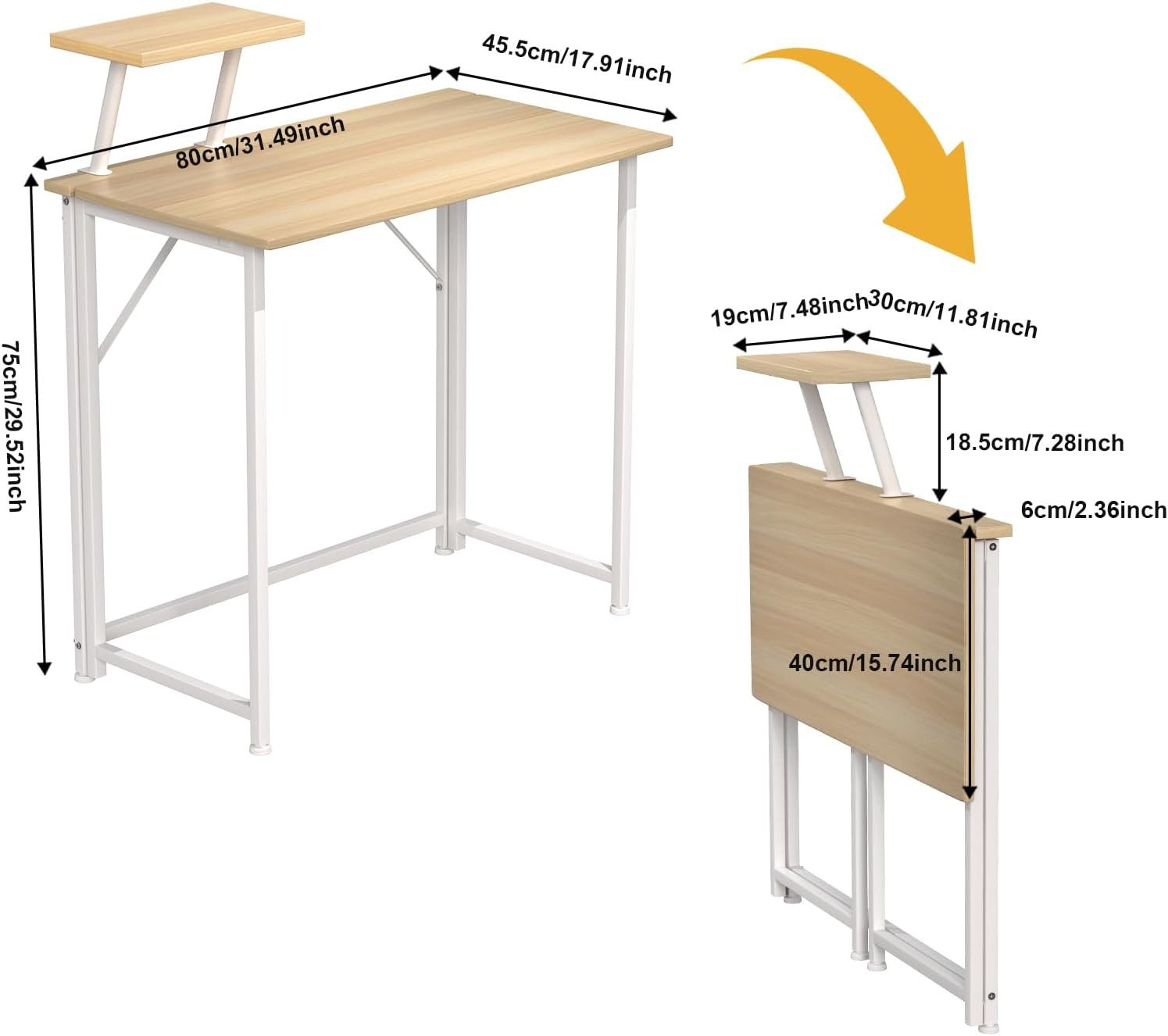 JEOBEST Computertisch Laptoptisch Kleiner Faltbarer Schreibtisch, Schmaler Computertisch, Platzsparend 80 x 45 x 74cm