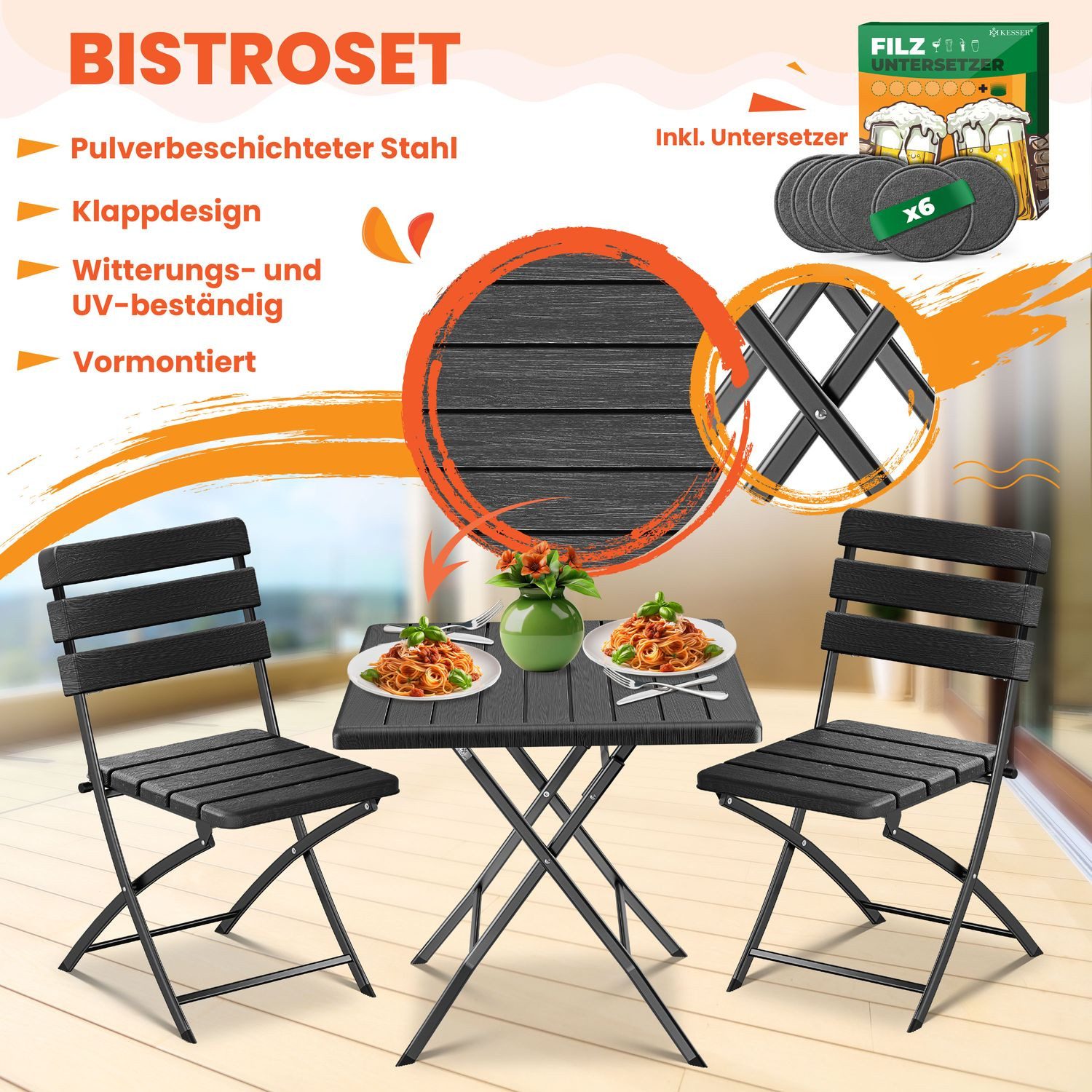 KESSER Bistrotisch 3-teiliges Bistroset (3-St., 1x Balkontisch mit 2 Stühle günstig online kaufen