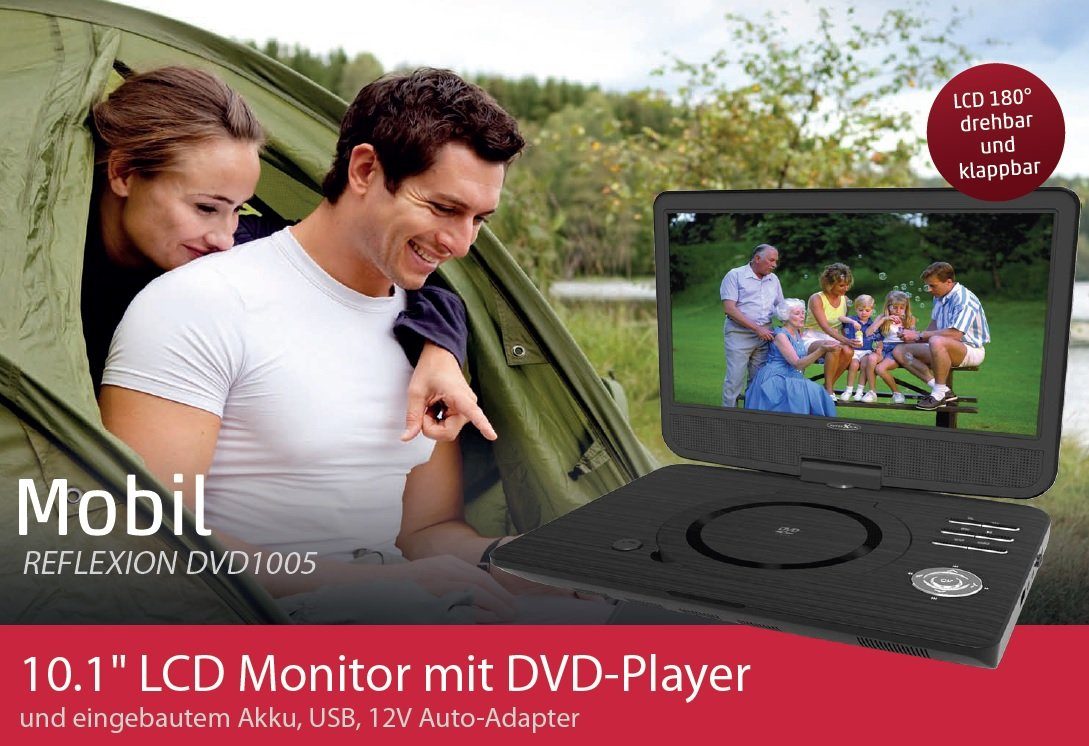 Reflexion »DVD1005« Portabler DVD-Player (Auflösung: 1024 x 600, Bildformat  16:9, Monitor klapp- & drehbar, Eingebaute Stereolautsprecher,  Kopfhörerausgang, Audio- & Video-Ausgang)