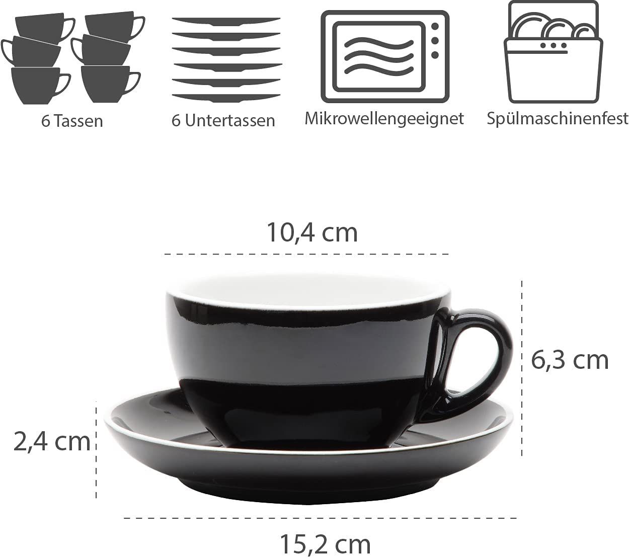 Gastro Spirit Cappuccinotasse 12-teiliges XL Cappuccino-Tassen Set 280 ml, weiß, Porzellan, 12-teiliges Set, 200 ml