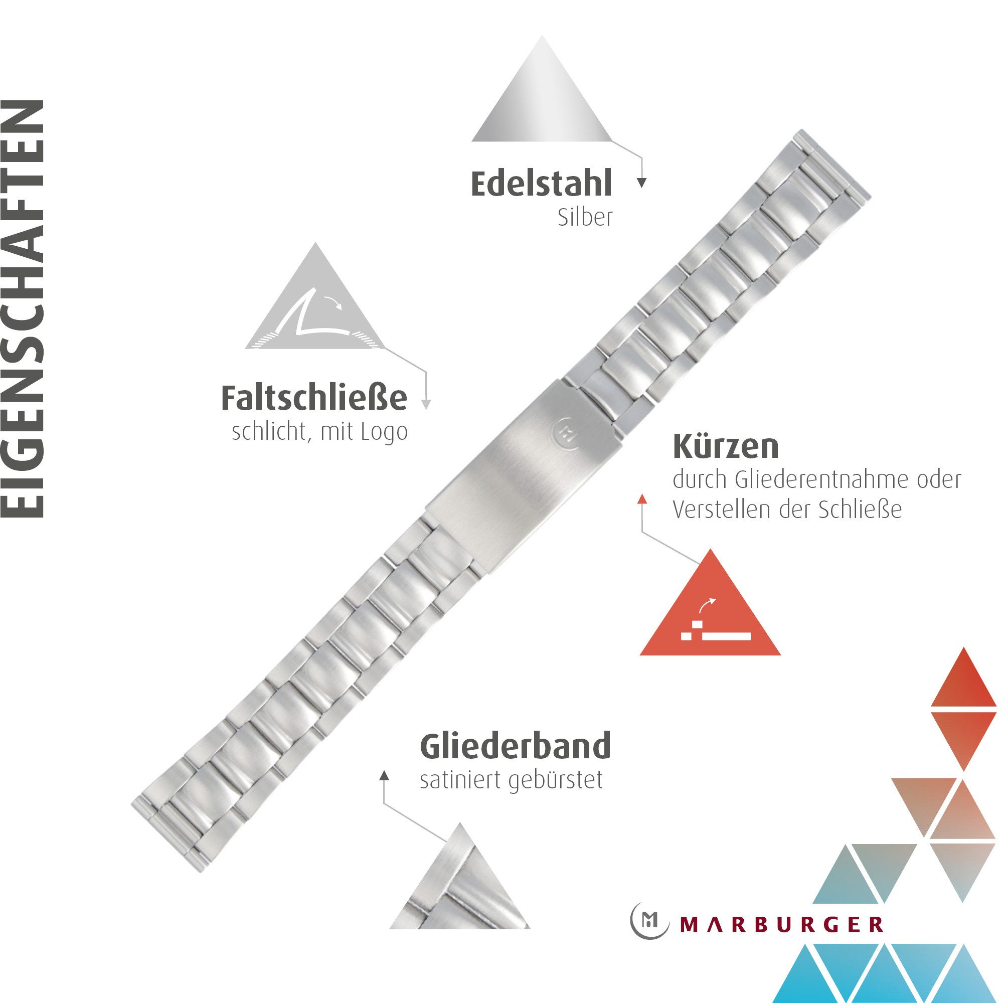 MARBURGER Uhrenarmband 18mm Edelstahl Silber Gliederband