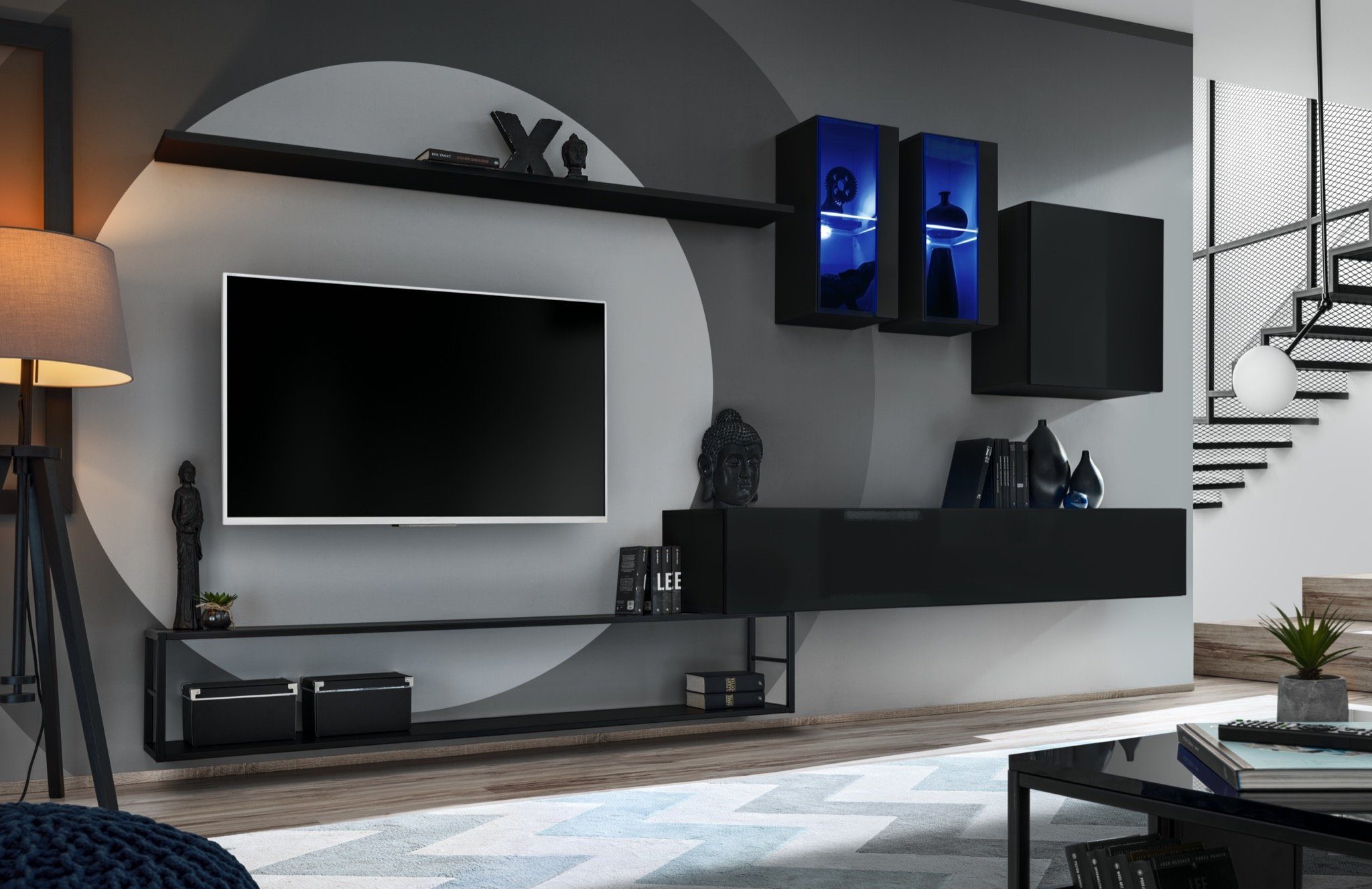 Modern Wandschrank Wohnwand LED TV + TV Holzmöbel, 3x Ständer Wandregal), Wohnwand JVmoebel Wandschrank 2x (6-St., Schwarz Ständer + beleuchtet Luxus