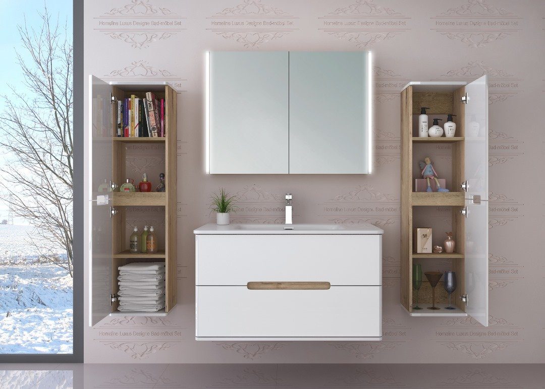 Homeline Badezimmer-Set Badezimmer Möbel Badmöbel Set Eiche/Weiß Hochglanz Spiegelschrank, (5 Tlg, 5-St., Badezimmer Möbel), Soft close system