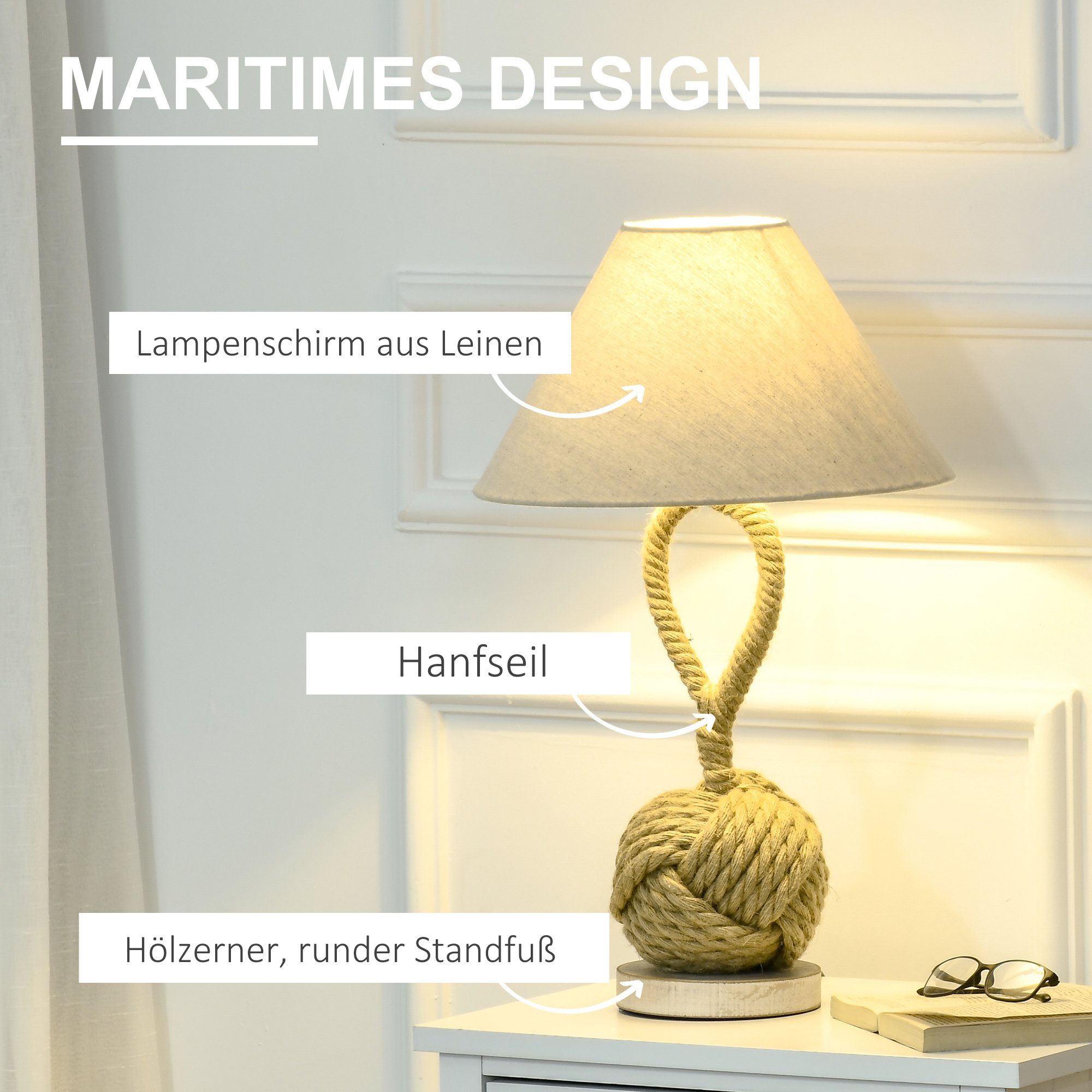 HOMCOM Tischleuchte Tischlampe, Ein-,Ausschalter, 35 x cm Maritimes ohne Beige+Weiß x 35 Design, 57.5 Leuchtmittel