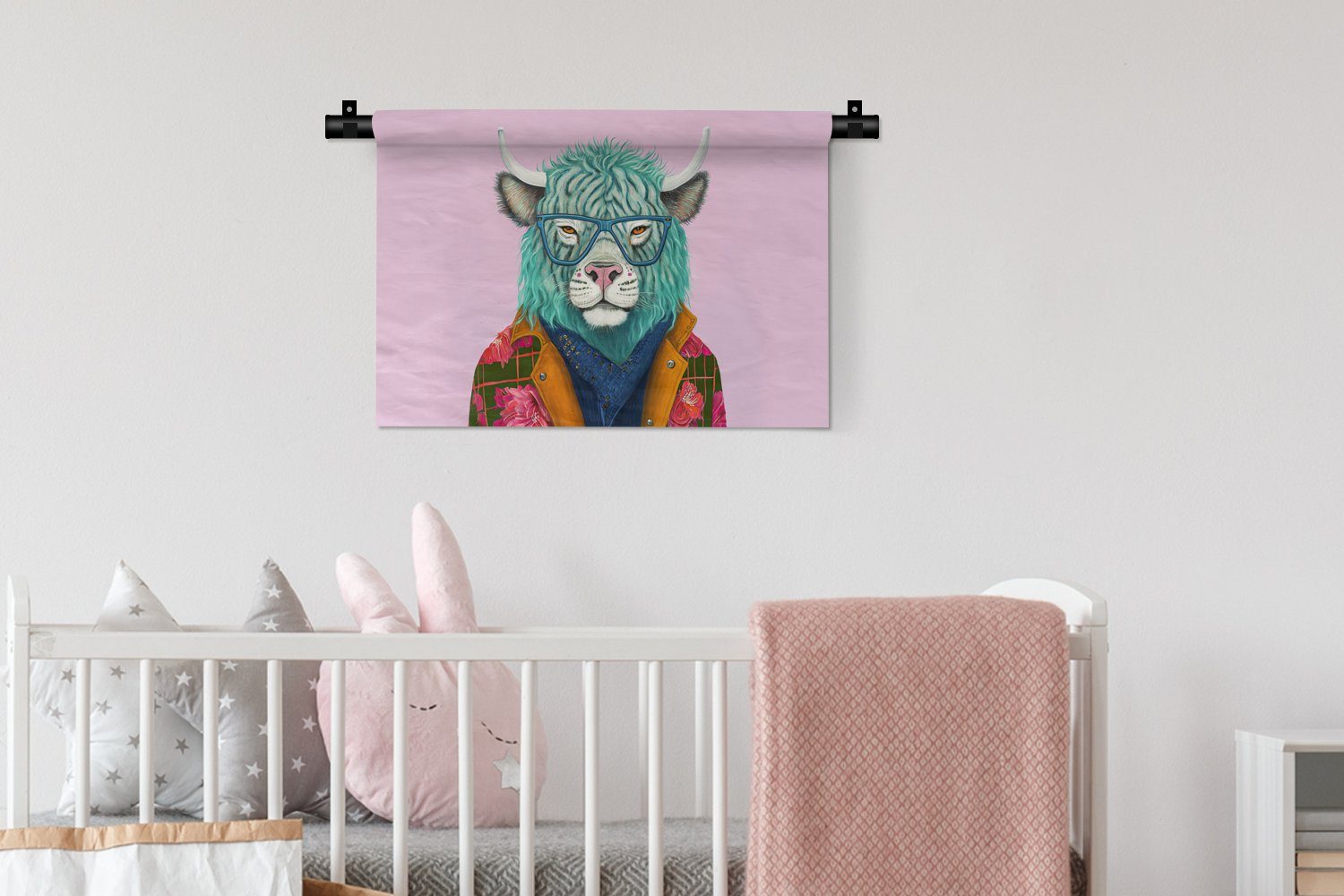 Tier Kuh, Hörner - Wandbehang, - Wanddeko Kleid, - Wohnzimmer, Wanddekoobjekt Büffel Blumen Kinderzimmer für Schlafzimmer, - MuchoWow