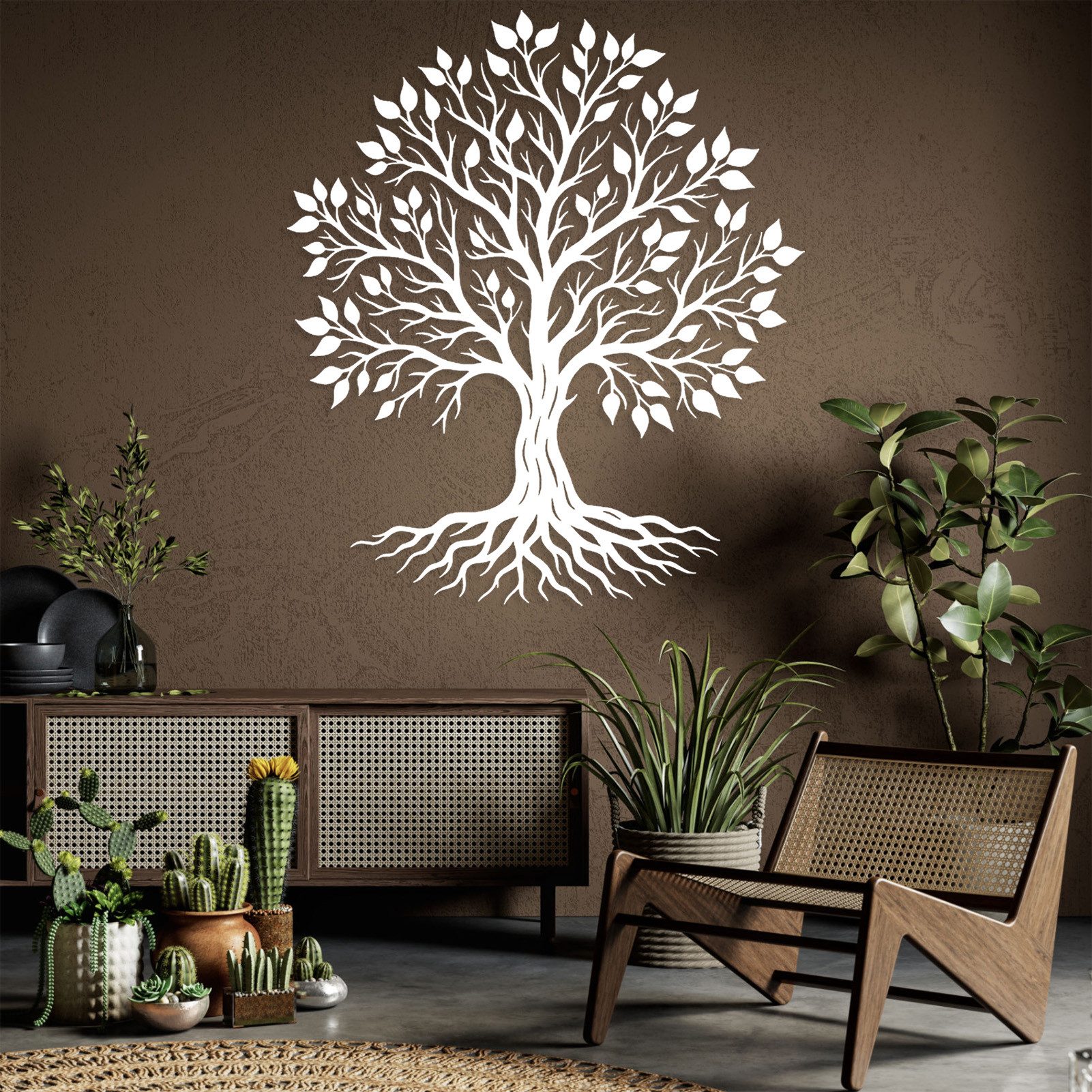 Jumpeak Wanddekoobjekt Wanddekoration „Baum des Lebens“, Tropfenförmige Blätter, üppiger Baum, Metall, 4 Farben, 2 Größen,Naturstil, Linienkunst, Dichten Wurzeln