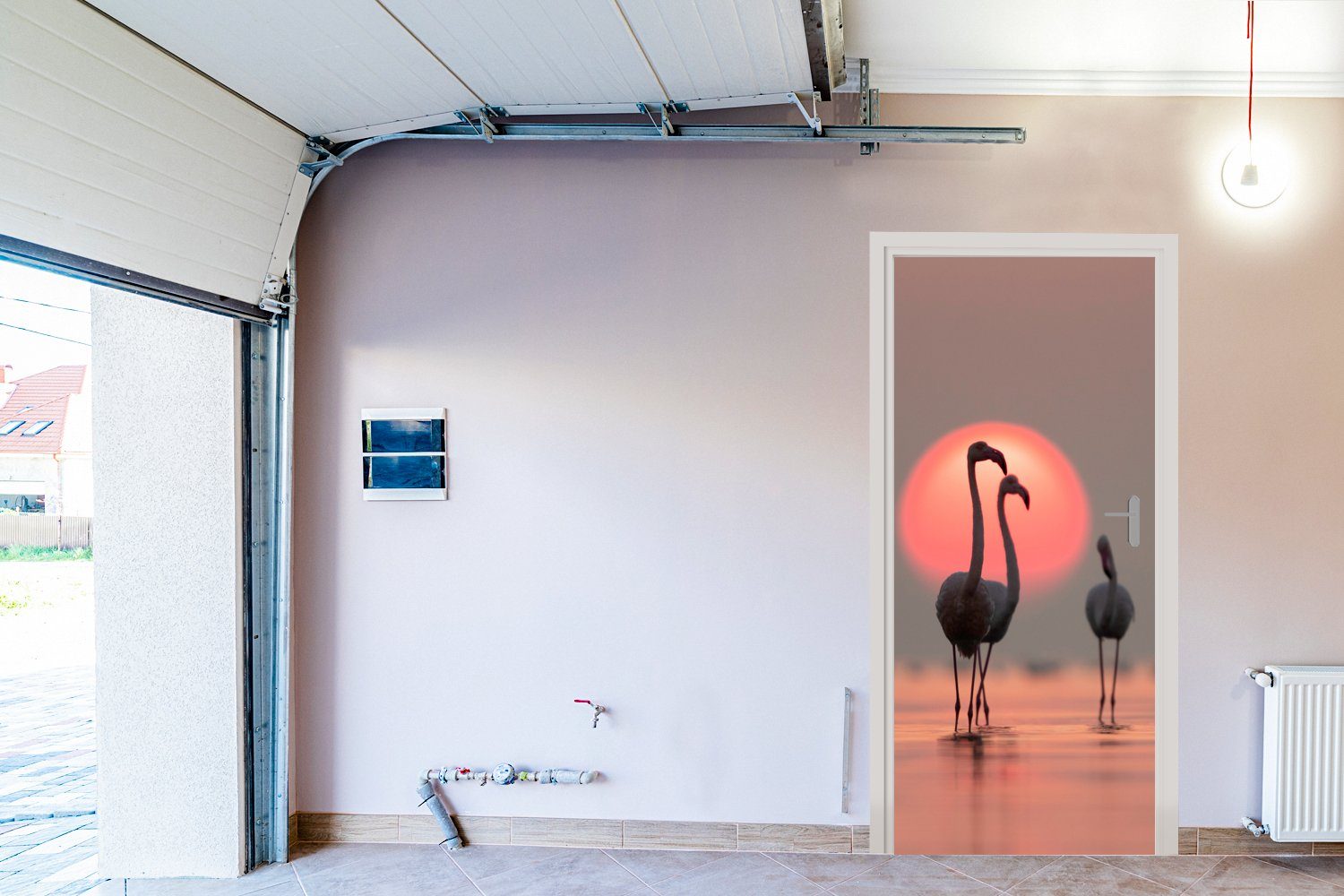Flamingo Türaufkleber, - Türtapete 75x205 - (1 Matt, cm bedruckt, - Tür, Fototapete Vogel Rosa, St), Sonnenuntergang für MuchoWow