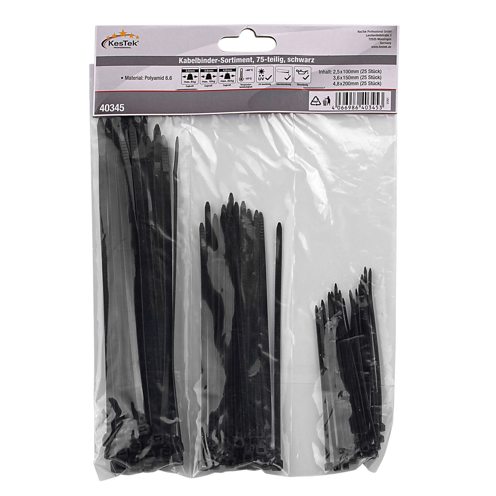 KesTek Kabelbinder Kabelbinder Sortiment 75 tlg. schwarz