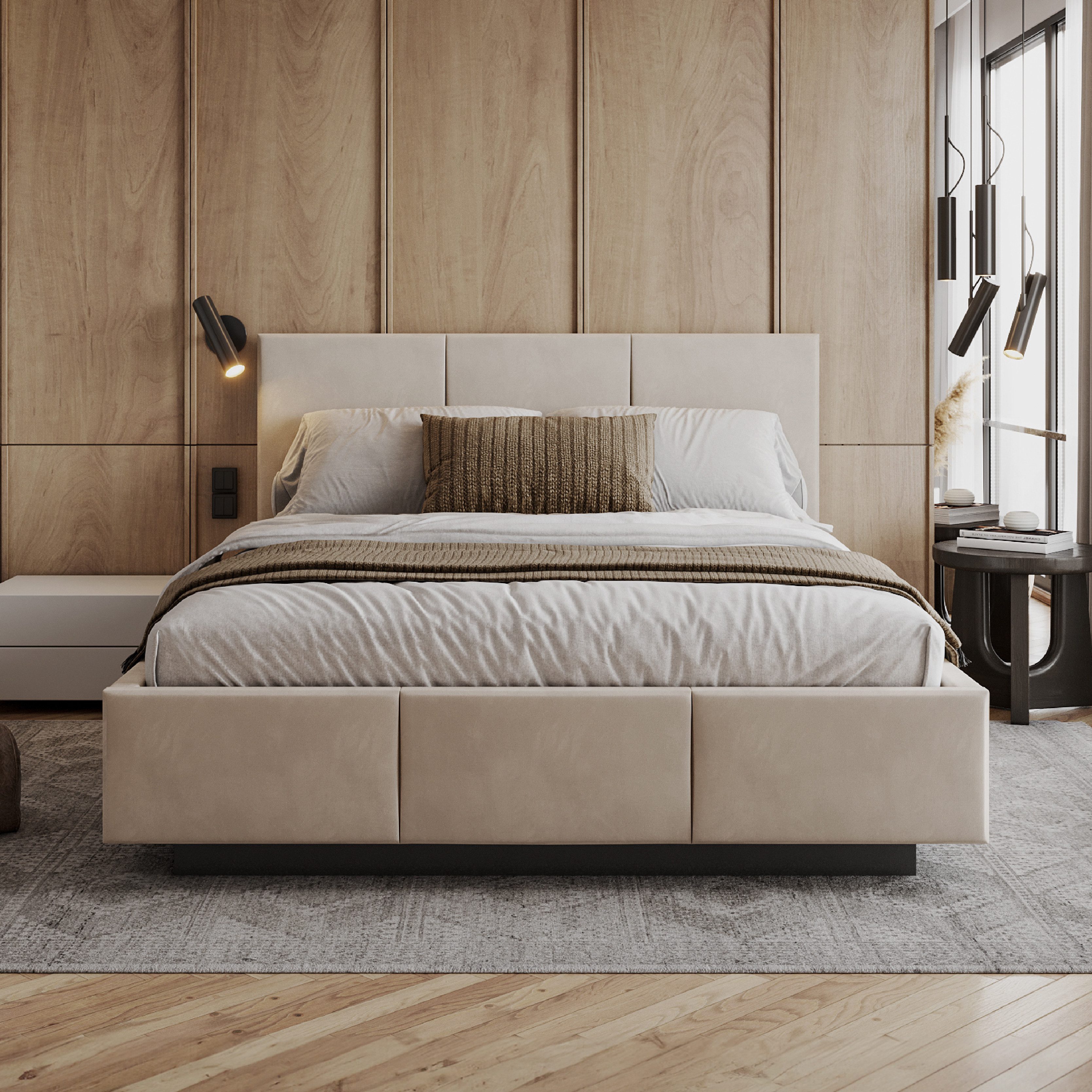 FDM Polsterbett ALMADA modern mit Bettkasten MADE IN EU - mit Trinity Velours Bezug (verfügbar 90x200 120x200 140x200 160x200 180x200cm, Bettrahmen, Bett, mit großen gepolsterten Kopfteil, mit Bettkasten zum aufklappen), Hebbarer Metallrahmen, Bettkasten, mit/ohne Matratze