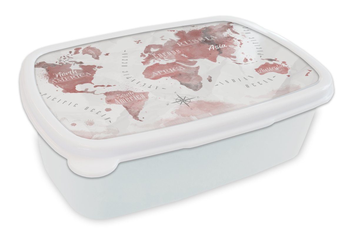 MuchoWow Lunchbox Weltkarte - Farbe - rosa, Kunststoff, (2-tlg), Brotbox für Kinder und Erwachsene, Brotdose, für Jungs und Mädchen weiß