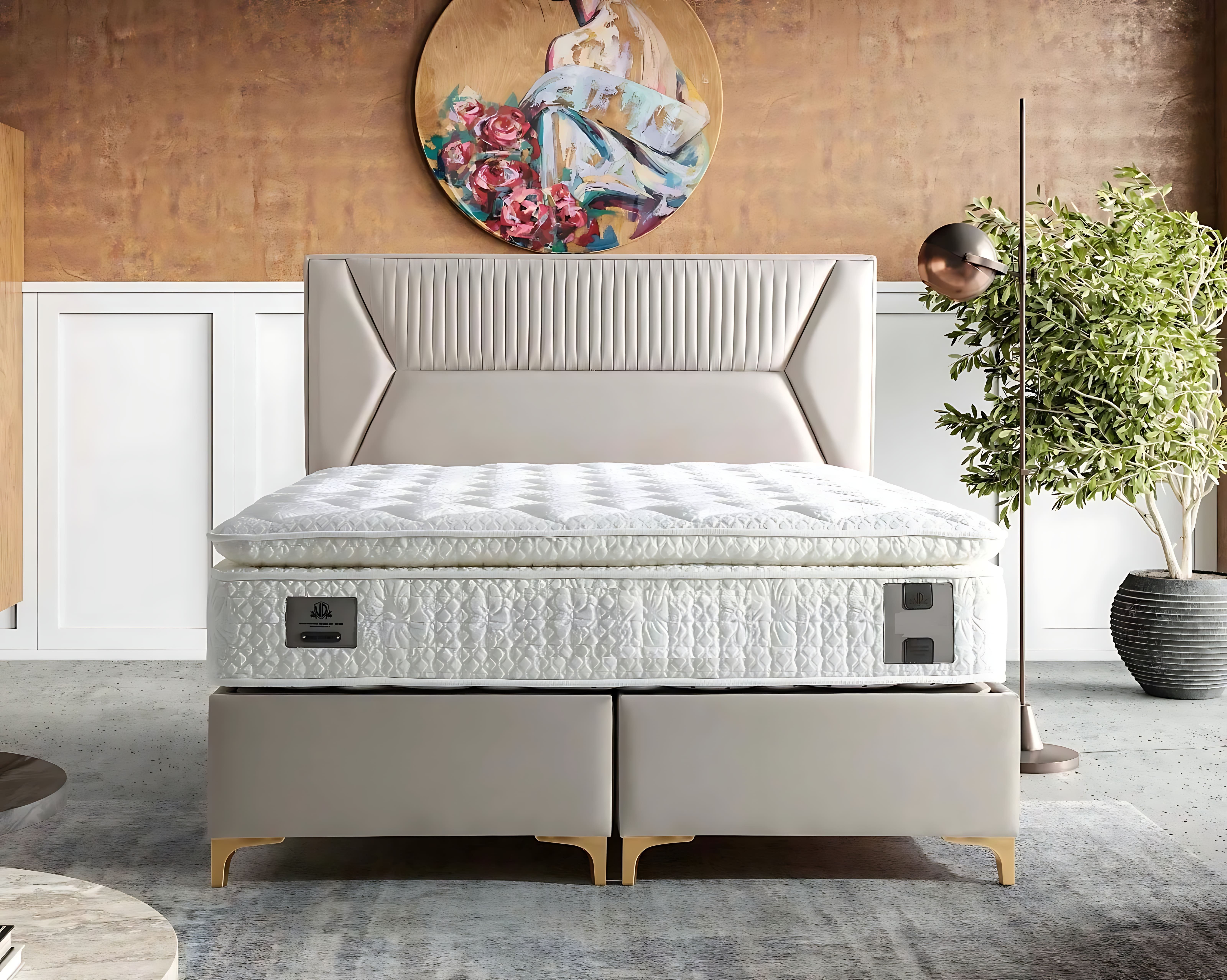 JVmoebel Boxspringbett Beiges Bett aus Holz mit bequemer Textilmatratze (1-St)