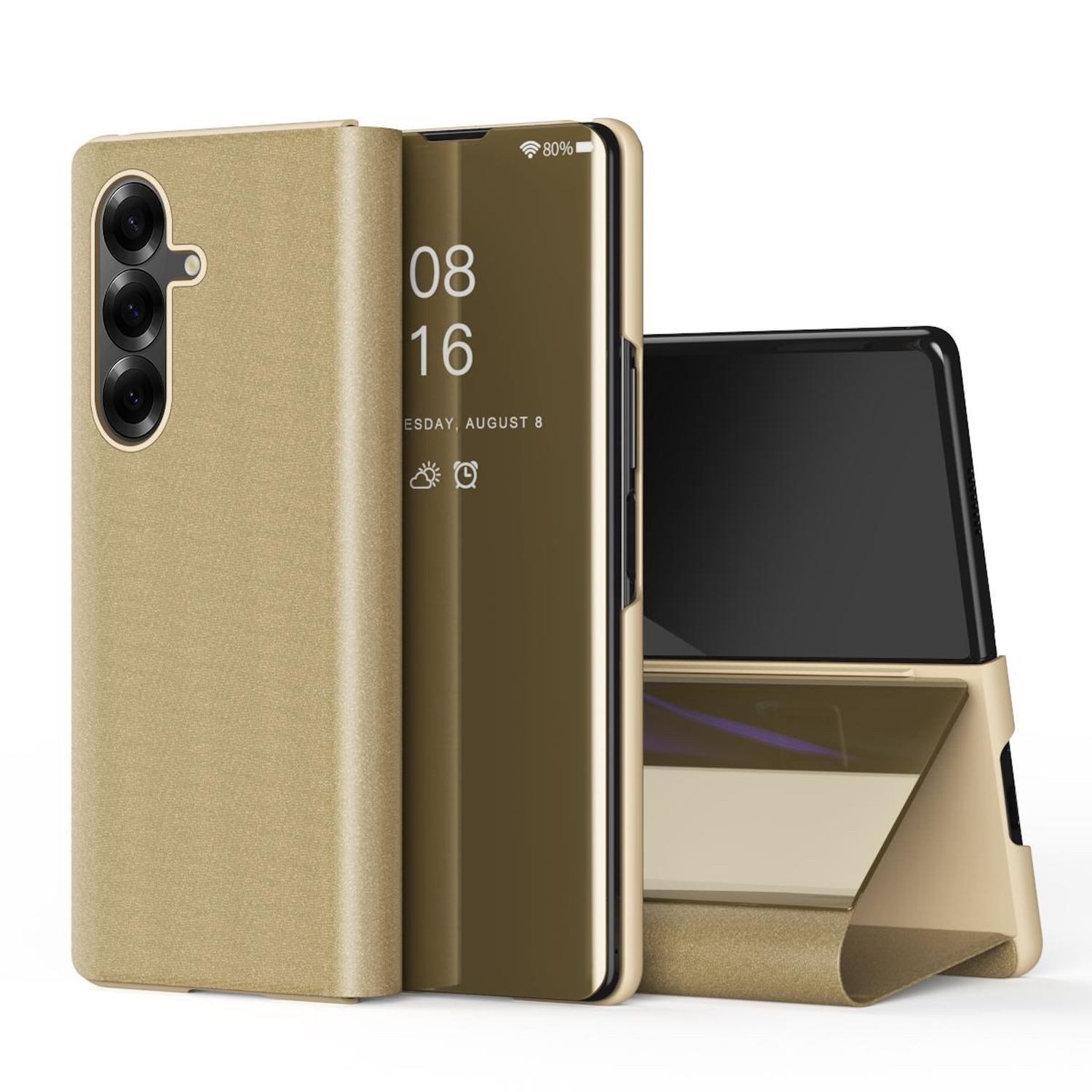 Wigento Handyhülle Für Samsung Galaxy Z Fold7 5G View Spiegel Wake UP Smart Hülle Gold, Elektroplattiertes Spiegel-Design, horizontaler Klappständer