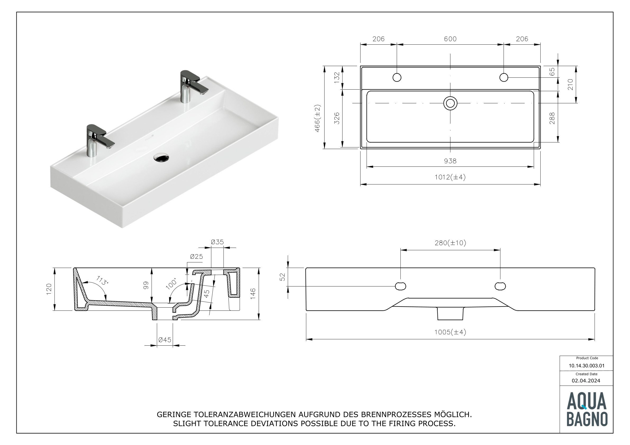 Aqua Bagno Waschbecken Doppelwaschbecken 100cm weiß eckig Wandmontage Aufsatzwaschtisch
