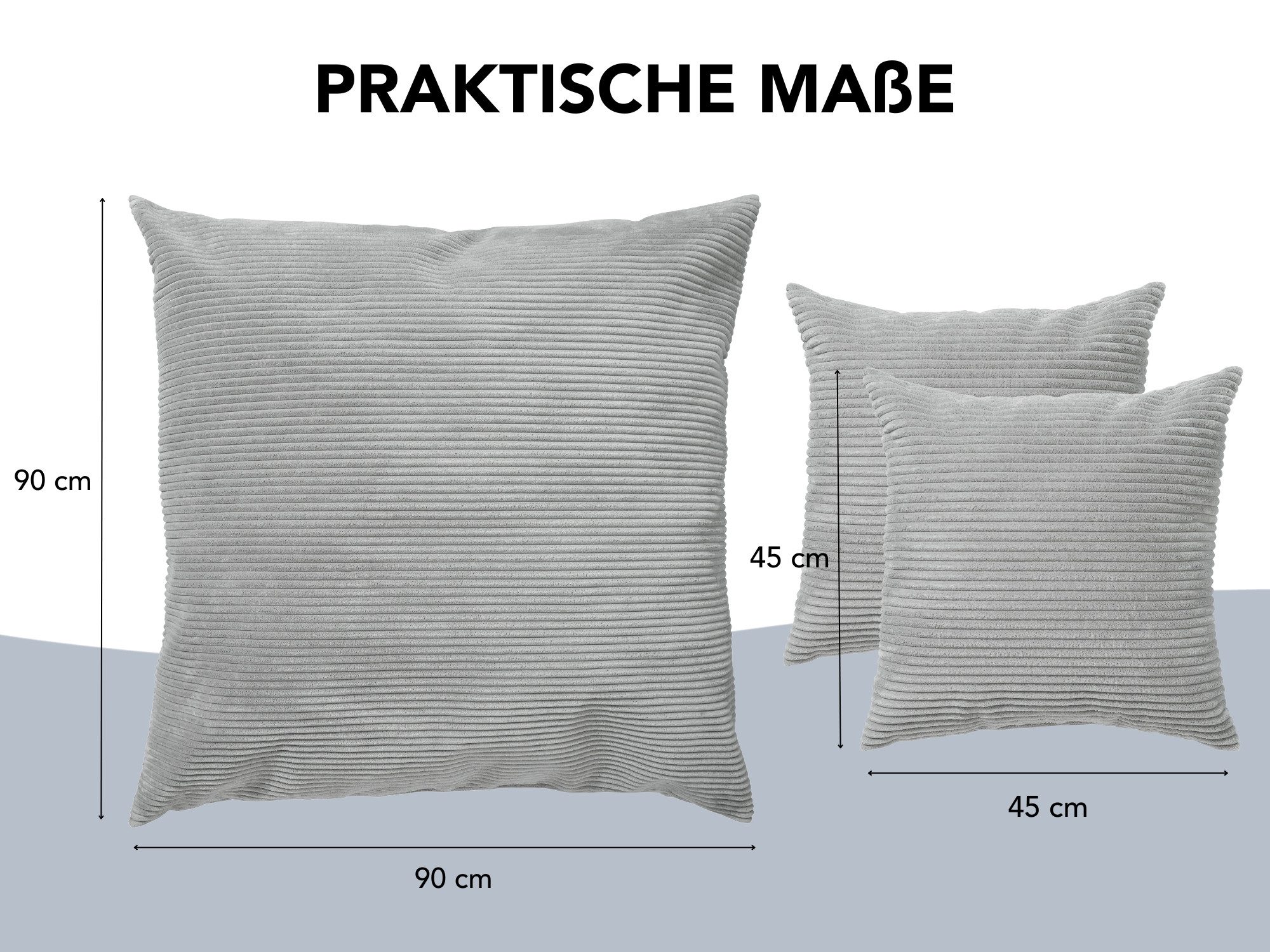 XDREAM Dekokissen Zierkissen, Sofakissen-Set bestehend aus 1x 90x90 cm und 2x 45x45 cm, gemütliches Sofakissen mit robuster und moderner Cord-Optik – Bild 4 von 5