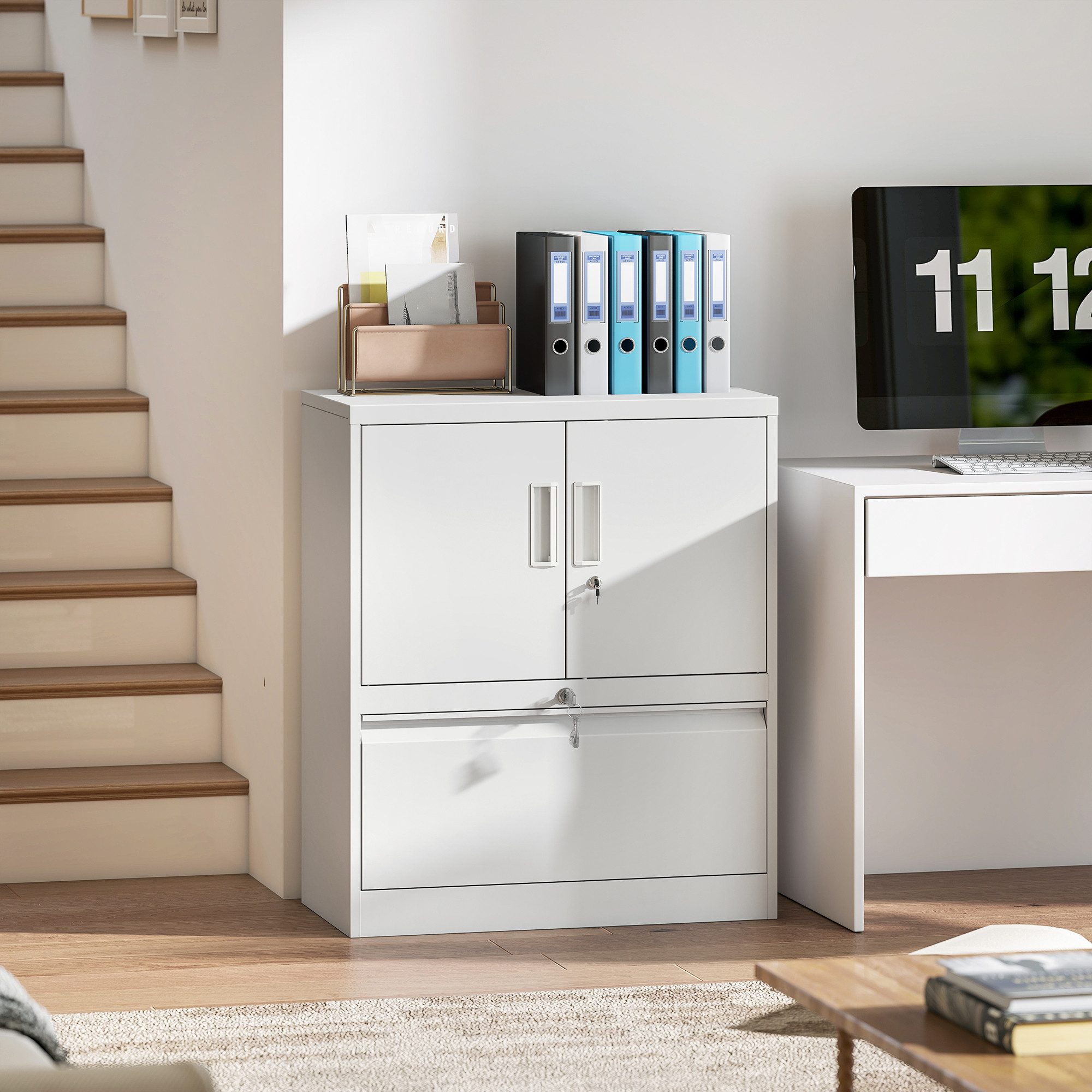 HOMCOM Aktenschrank mit 10-stufig verstellbarem Regal (Büroschrank, 1-St., Metallschrank) abschließbare Türen und Schubladen, Weiß