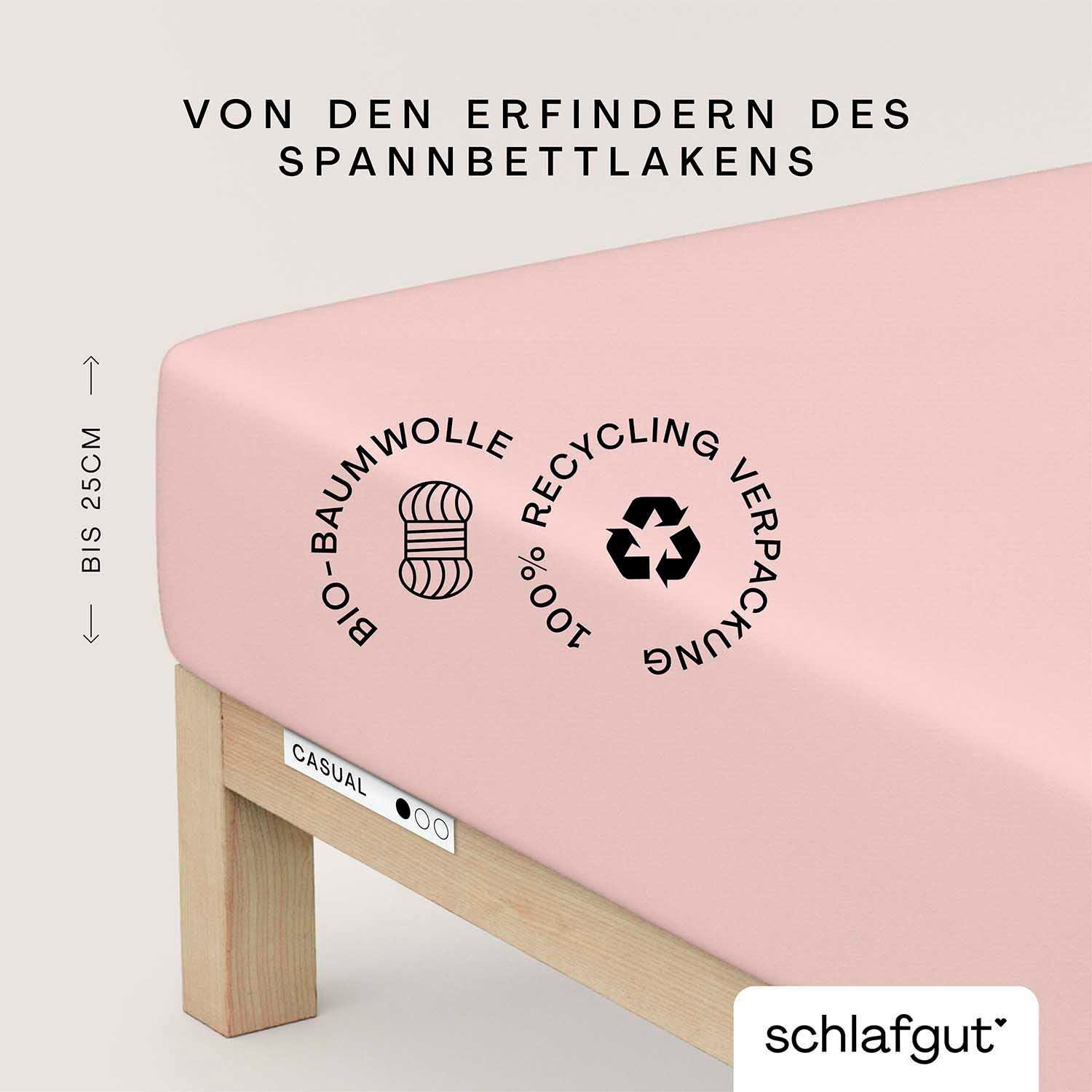 Schlafgut Spannbettlaken CASUAL Bettlaken 100% gekämmte Bio-Baumwolle, 150 g/m², Spannbetttuch, Jersey, Gummizug: rundum, (1 Stück), Bettlaken bis 25 cm Höhe, langlebig, weich, Antipilling-Ausrüstung