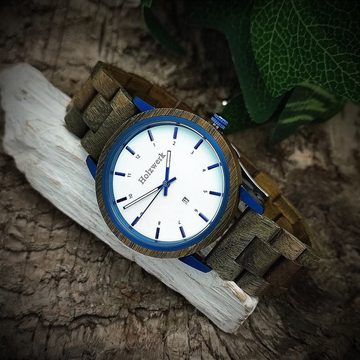 Holzwerk Quarzuhr FLENSBURG Damen & Herren Holz Uhr mit Datum in oliv grün, weiss & blau