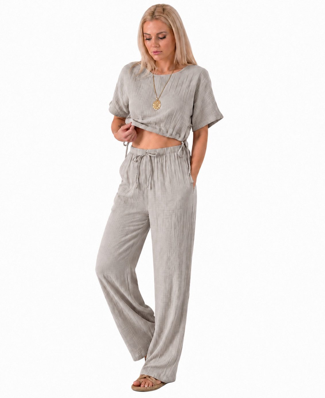 WENOR Palazzohose Damen Musselin-Hose - Sommerhose 100 % Baumwolle, elastischer Bund Weiter Beinverlauf, Musselinstruktur, luftiger Schnitt
