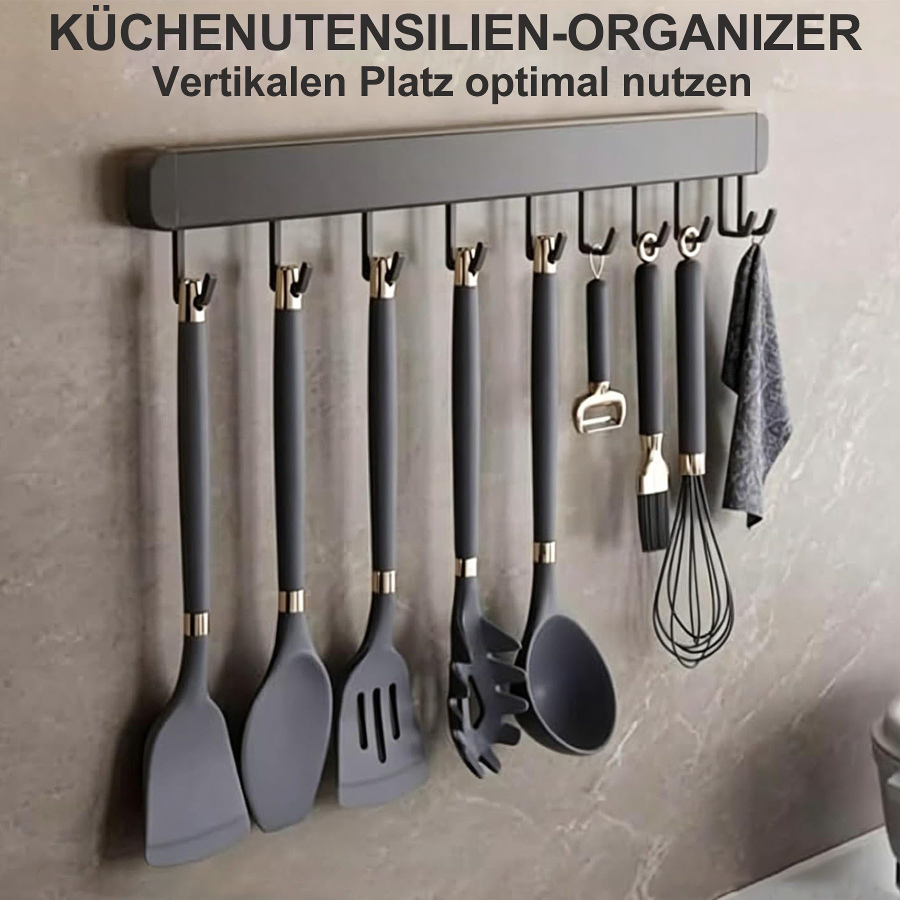 Keyura Hakenleiste Garderobenleiste 30/40/50cm,Küche Hängeleiste, 6/8/10 bewegliche Haken, (Küchenhalterung ohne bohren, Bohrfreie oder gebohrte Montage möglich, Haken aus Raumfahrt-Aluminium für Schlafzimmer Bad Küche-Silbergrau)