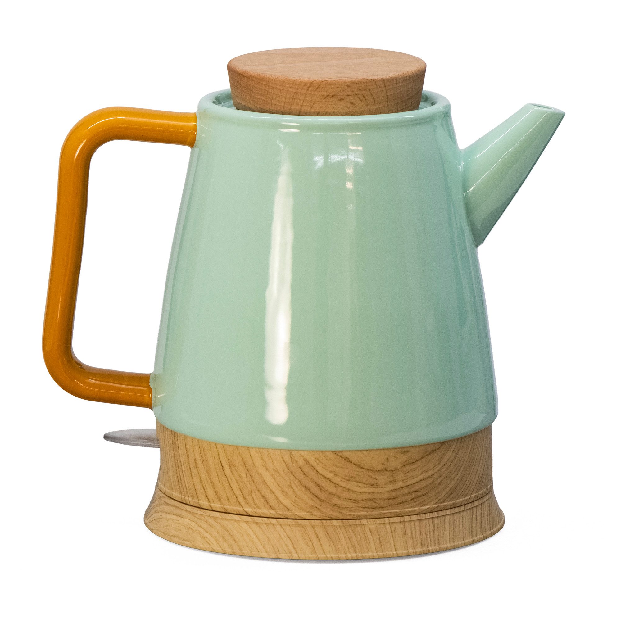 KVOTA Wasserkocher Keramik-Wasserkocher 1,5 l mint/holz mit Holzdeckel, Grün/Mint, 1.5 l, 1600 W, Holzdeckel, Glanz, smartes Design