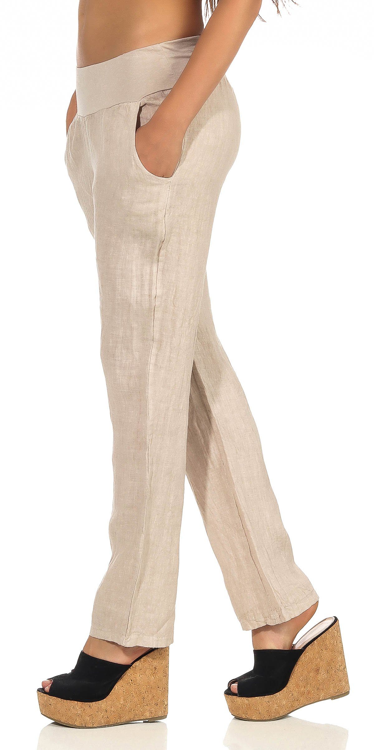 malito more than fashion Leinenhose malito Damen Hose aus Leinen, Stoffhose in Uni Farben, Freizeithose leichte Stoffhose mit elastischem Bund