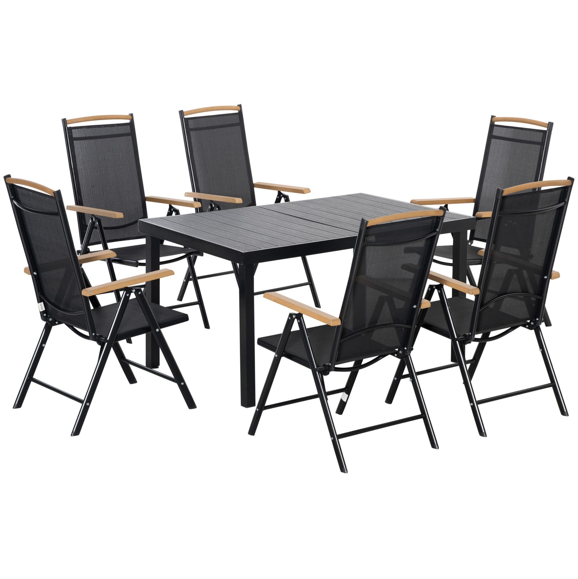 REDOM Sitzgruppe 7-tlg. Klappbare Sitzgruppe Schwarz, Alu-Mesh, 1 Tisch + 6 Stühle, (Tisch 140x90x74 cm; Stuhl 55,5x68x109 cm, 7-tlg., Ideal für Garten, Terrasse & Camping), 140x90x74 cm Für 6 Personen – wetterfest & platzsparend
