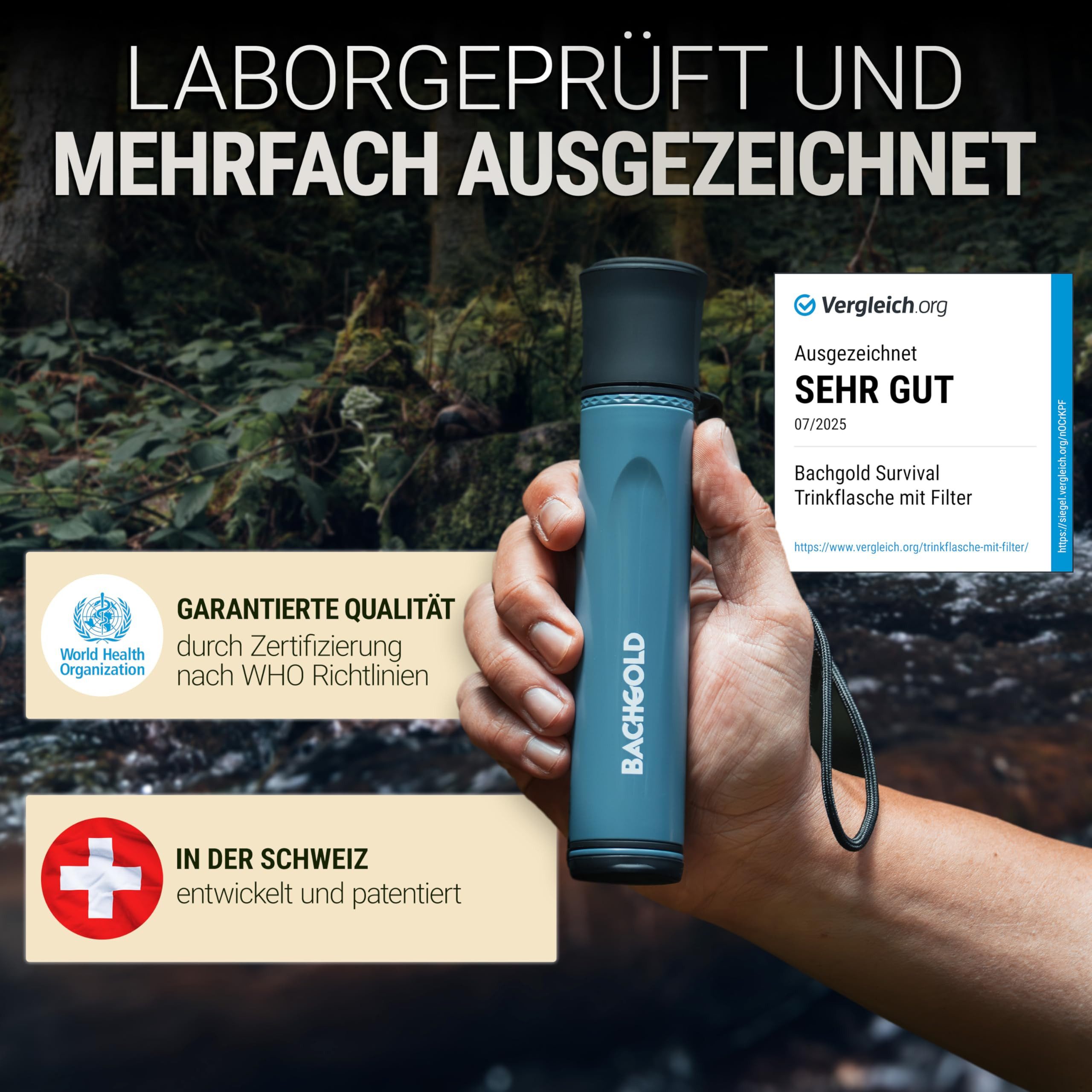 BACHGOLD Wasserfilter Straw - Outdoor Survival – Ultraleichte Prepper Ausrüstung, Zubehör für Liefert bis zu 500L Frisches Trinkwasser für Jeden Ernstfall, inkl. Schlauch, Langlebig Konstruiert
