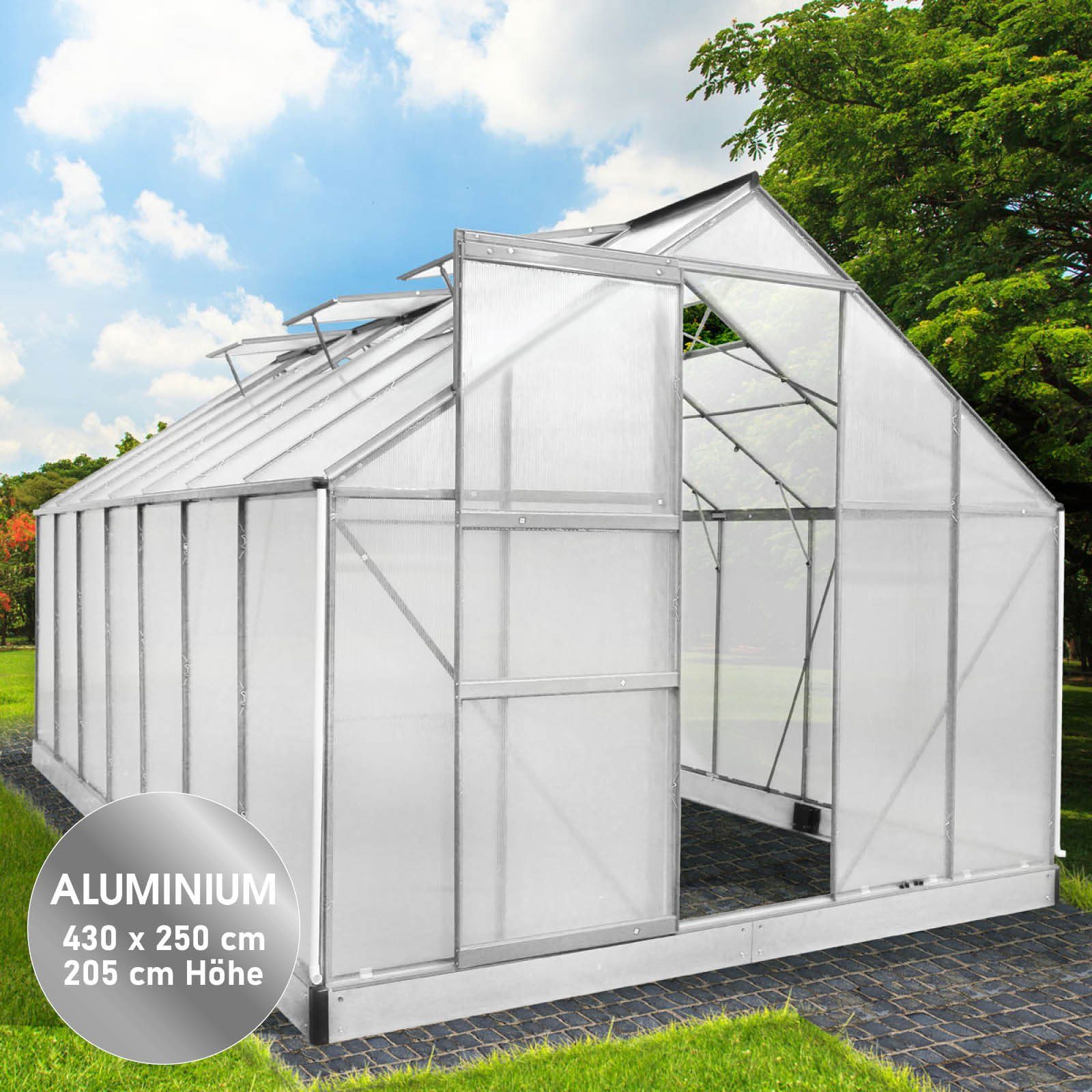 BRAST Gewächshaus ALU mit Fundament rostfrei 430x250x205cm TÜV geprüft, BxTxH: 250 x 430 x 205 cm, wetterfestes hochwertiges Aluminium, Temperaturbeständig, Wärmedämmend, Lichtbrechend & UV-stabilisiert