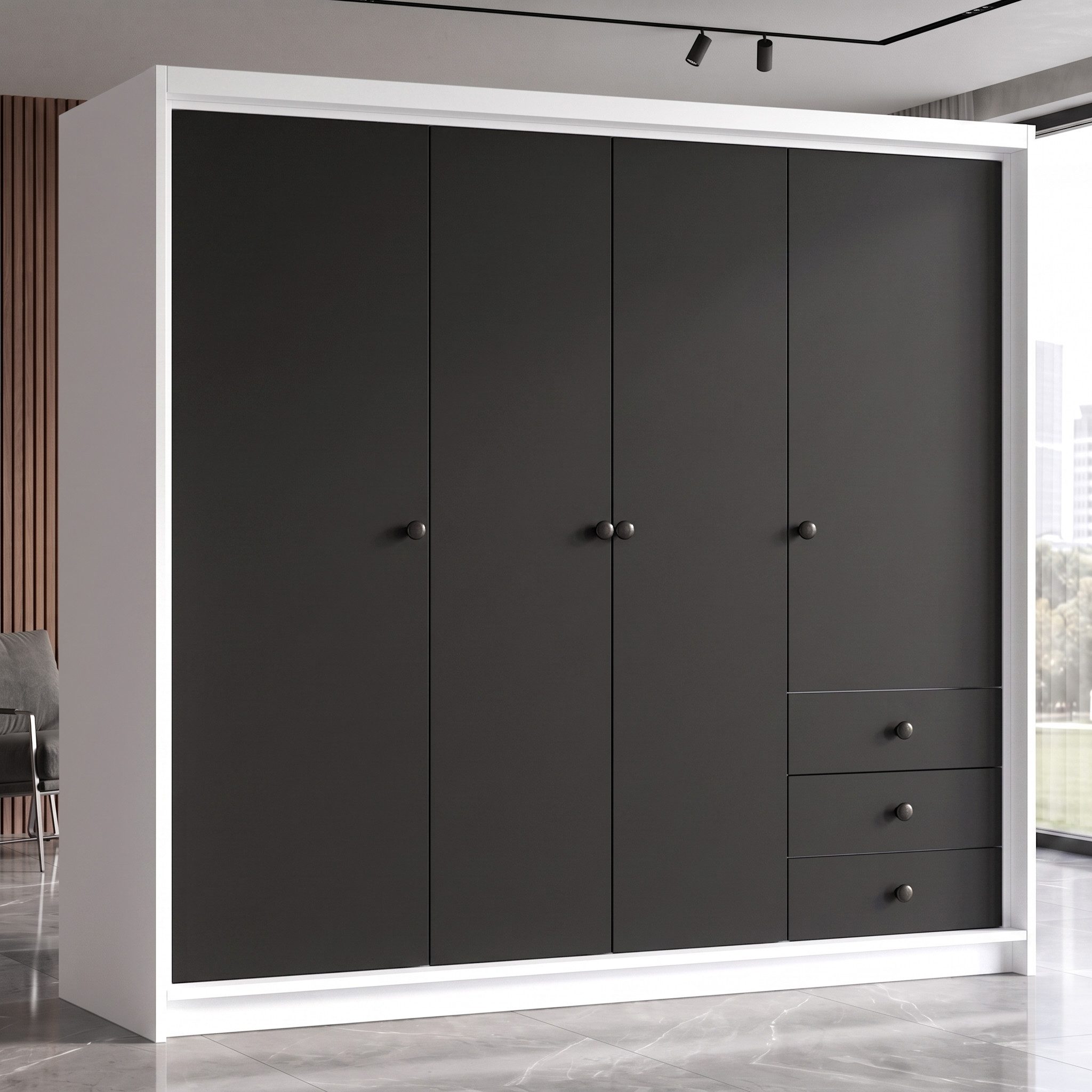 A&J MöbelLand GmbH Drehtürenschrank FALKEN– viertüriger Kleiderschrank 200 cm (Geräumiger viertüriger Kleiderschrank mit Schubladen. Geräumiger Schrank mit einer Breite von 200 cm und Schubladen, ideal zur Aufbewahrung von Kleidung und Accessoires. Viel Stauraum. TOP PRODUKT! Wählen Sie das ideale Modell für Ihr Schlafzimmer!, TOP ANGEBOT) Breite: 200 cm, Höhe: 215 cm, Tiefe: 59,5 cm