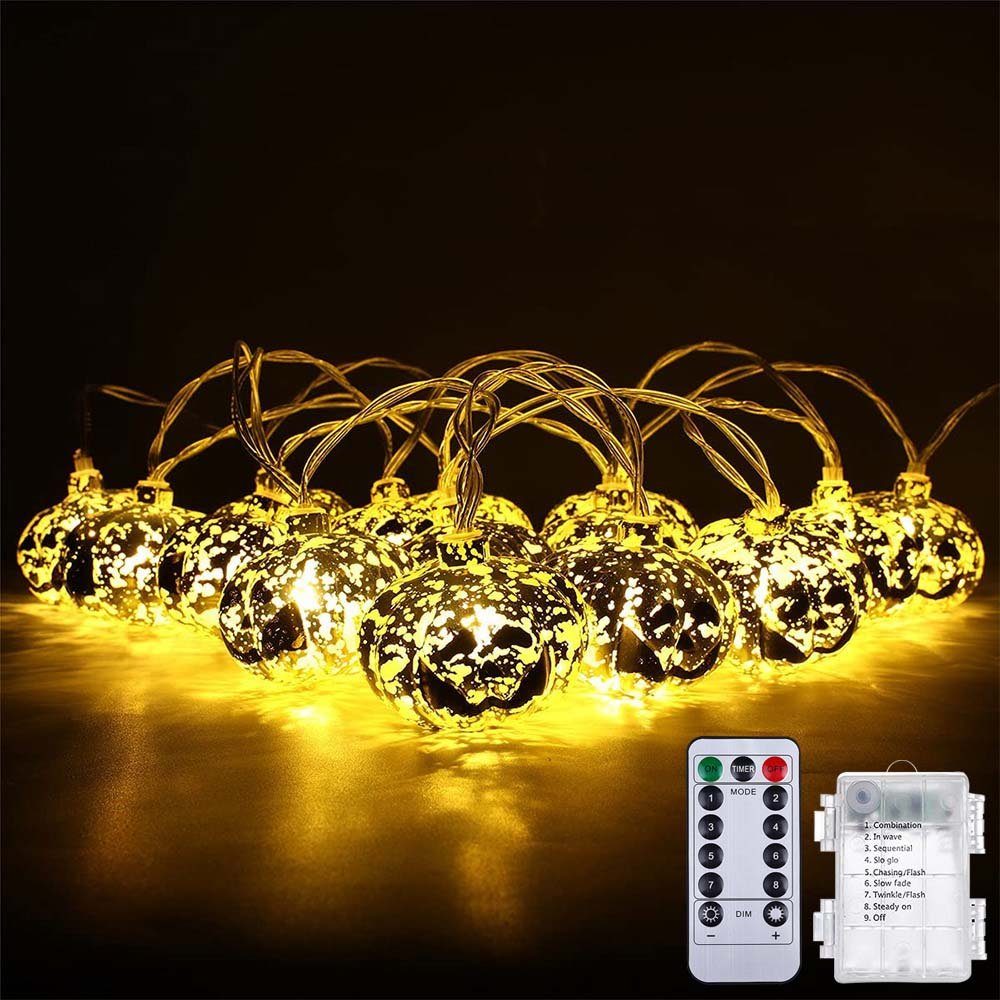 Merry 2024 Lichterkette Halloween Lichterkette Kürbis Totenkopf,2.5M 20 LED Halloween Deko, Batteriebetriebene,Fernbedienung,für Halloween,Garten,Cosplay