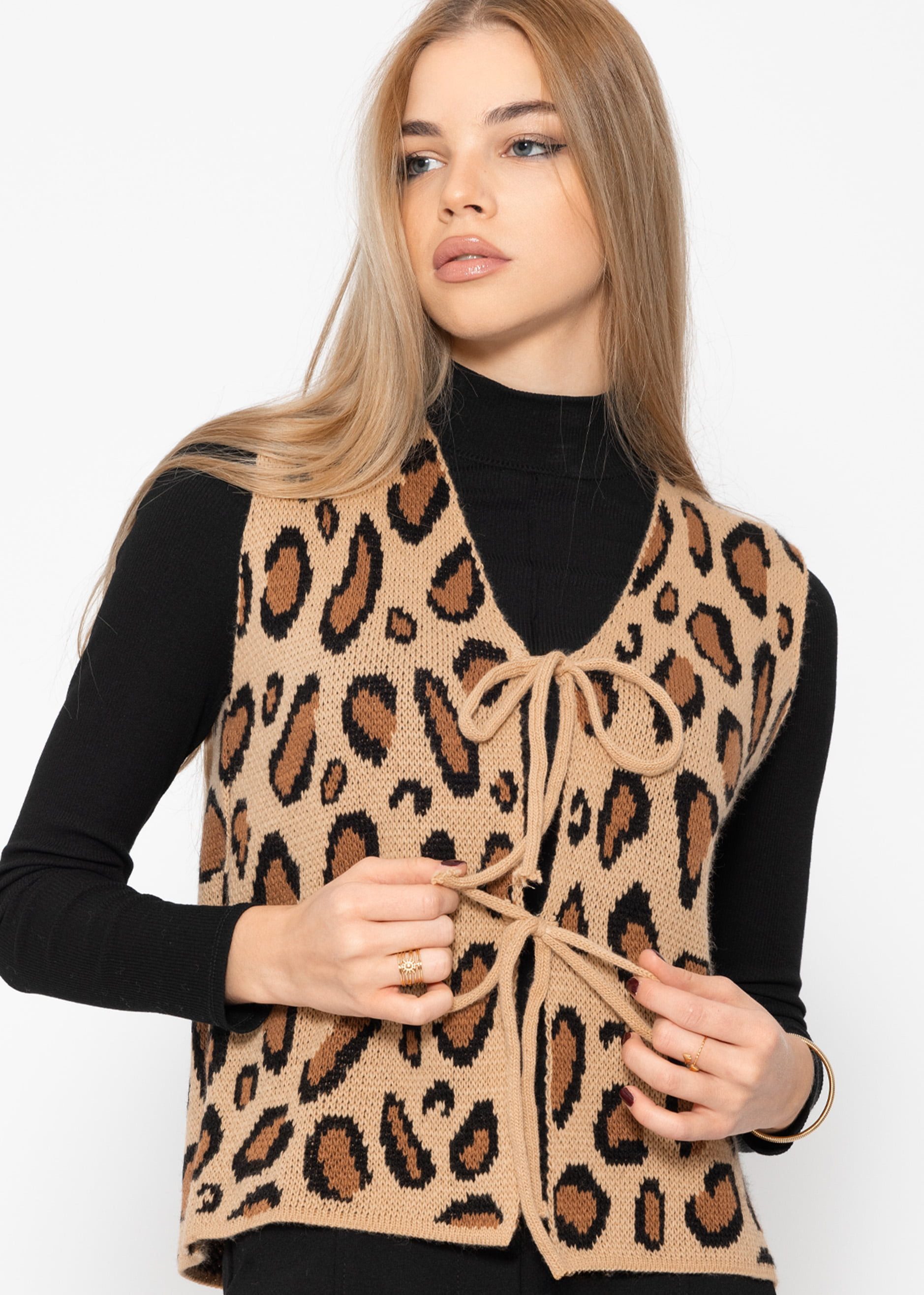 SASSYCLASSY Kurzweste Leo-Strickweste Damen mit Schleifen günstig online kaufen