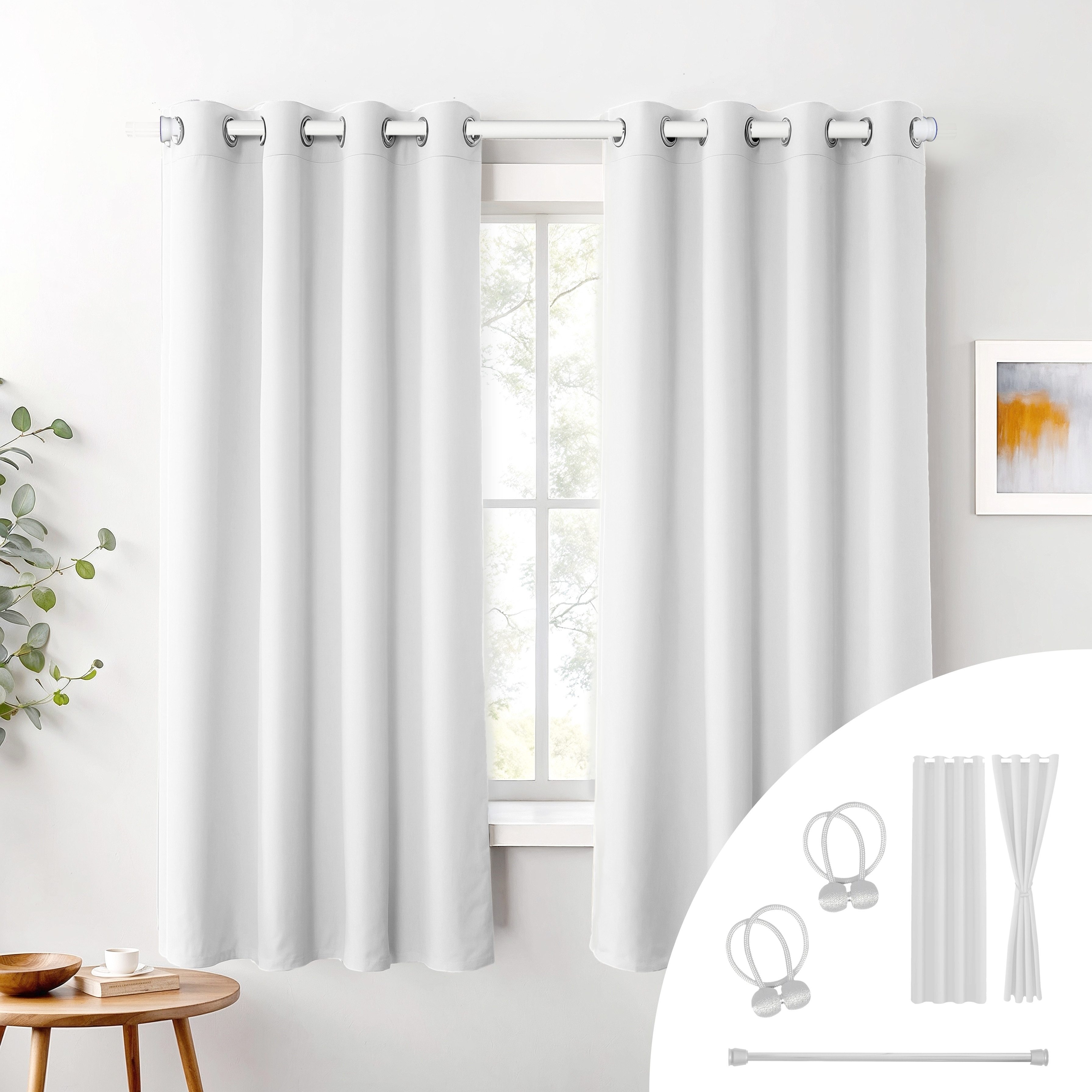 Cozyor Vorhang weiß 2er Set + 2 Raffhalter - Gardine mit Ösen wahlweise mit Stange (2 St), Ösen, blickdicht, 100% Polyester, Gardinen blickdicht 175x135 + Teleskopstange ohne Bohren 70-120 cm