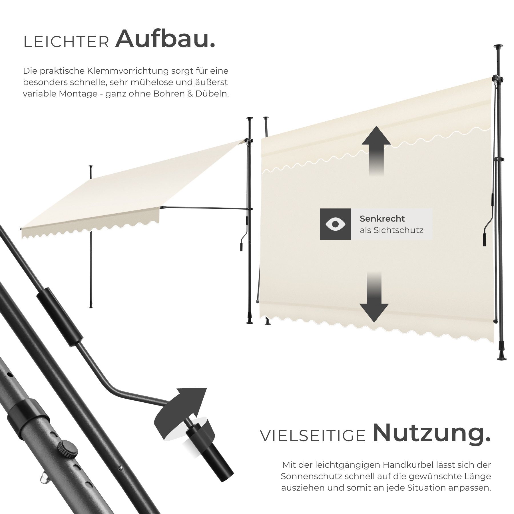 tectake Klemm-Senkrechtmarkise Balkonüberdachung, UV-beständig und wasserabweisend mit Handkurbel (Komplettset, einfache Montage ohne Bohren) höhenverstellbar 211 - 304 cm für Terrasse, Balkon & Garten