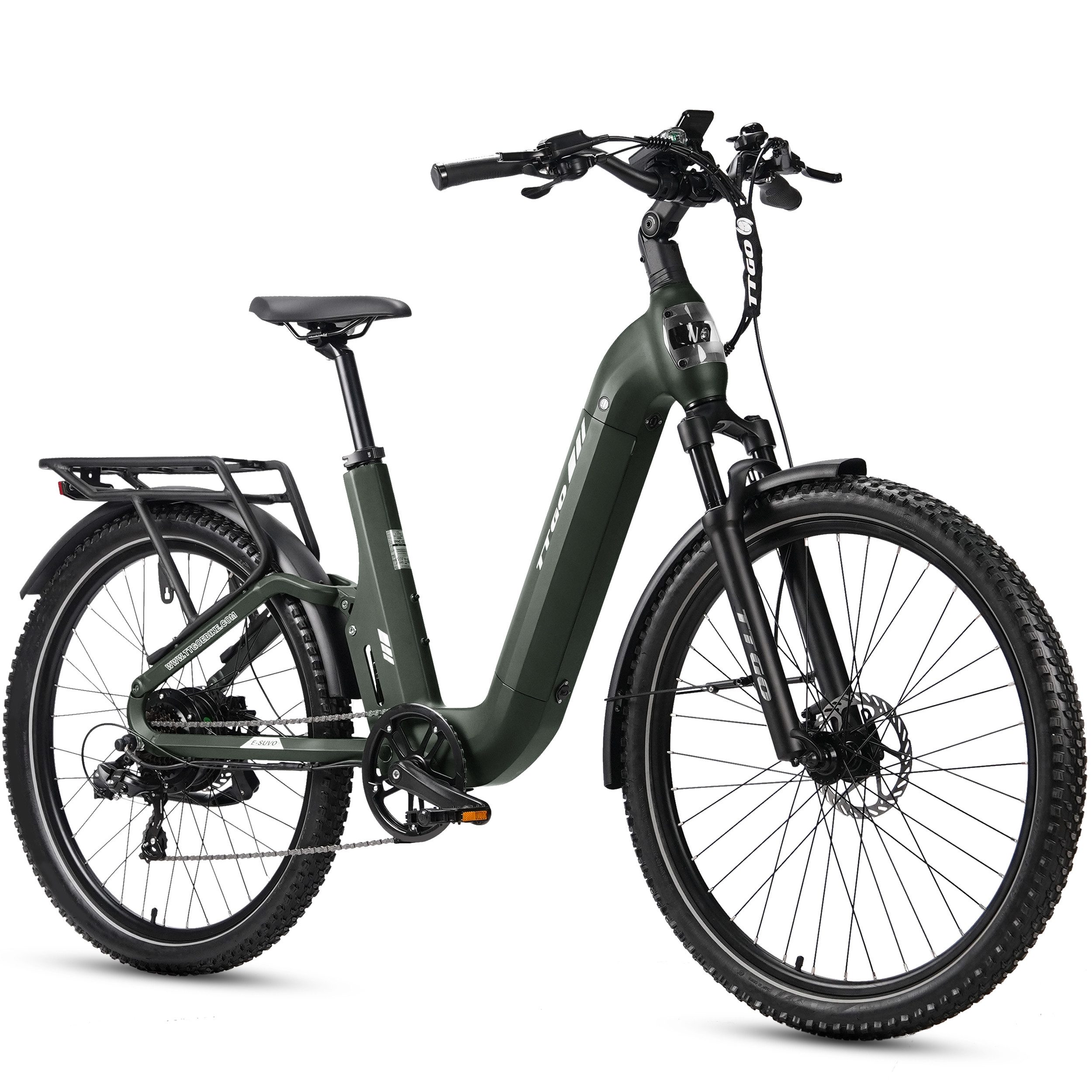 TTGO E-Bike Cityrad 28 Zoll, 70Nm, SUV, Fully, Vollfederung, 120km, Lockout-Federgabel, 7 Gang Shimano ARDTY300D Schaltwerk, Kettenschaltung, Heckmotor, 720 Wh, (Softtail, Hydraulische Scheibenbremsen, 5 Stufen, Farb-LCD-Display), Drehmomentsensor, mit Bremslicht, Elektrofahrrad für Damen und Herren