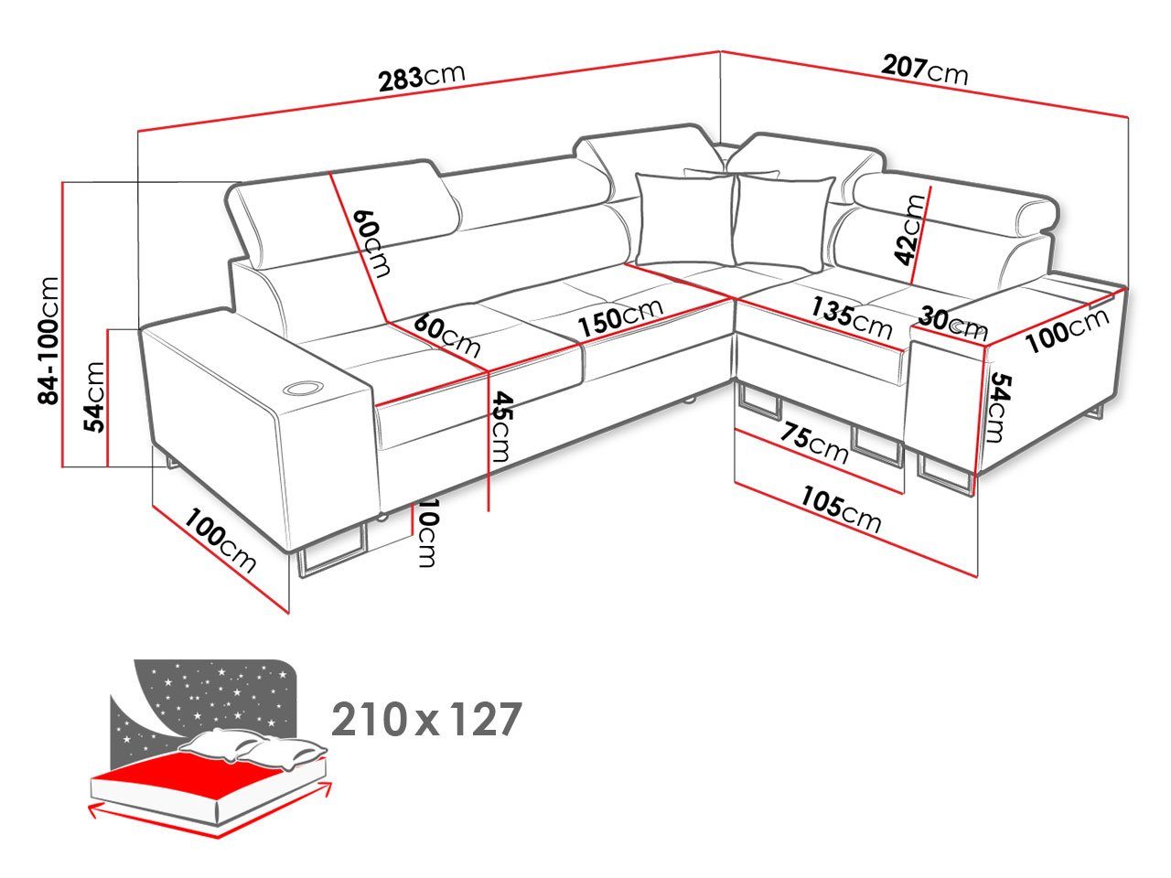 und Kopfstützen, Ecksofa Lampe, Schlaffunktion, Bettkasten Steckdose Barfach, II, USB-Anschluss, MIRJAN24 Morena mit Einstellbare