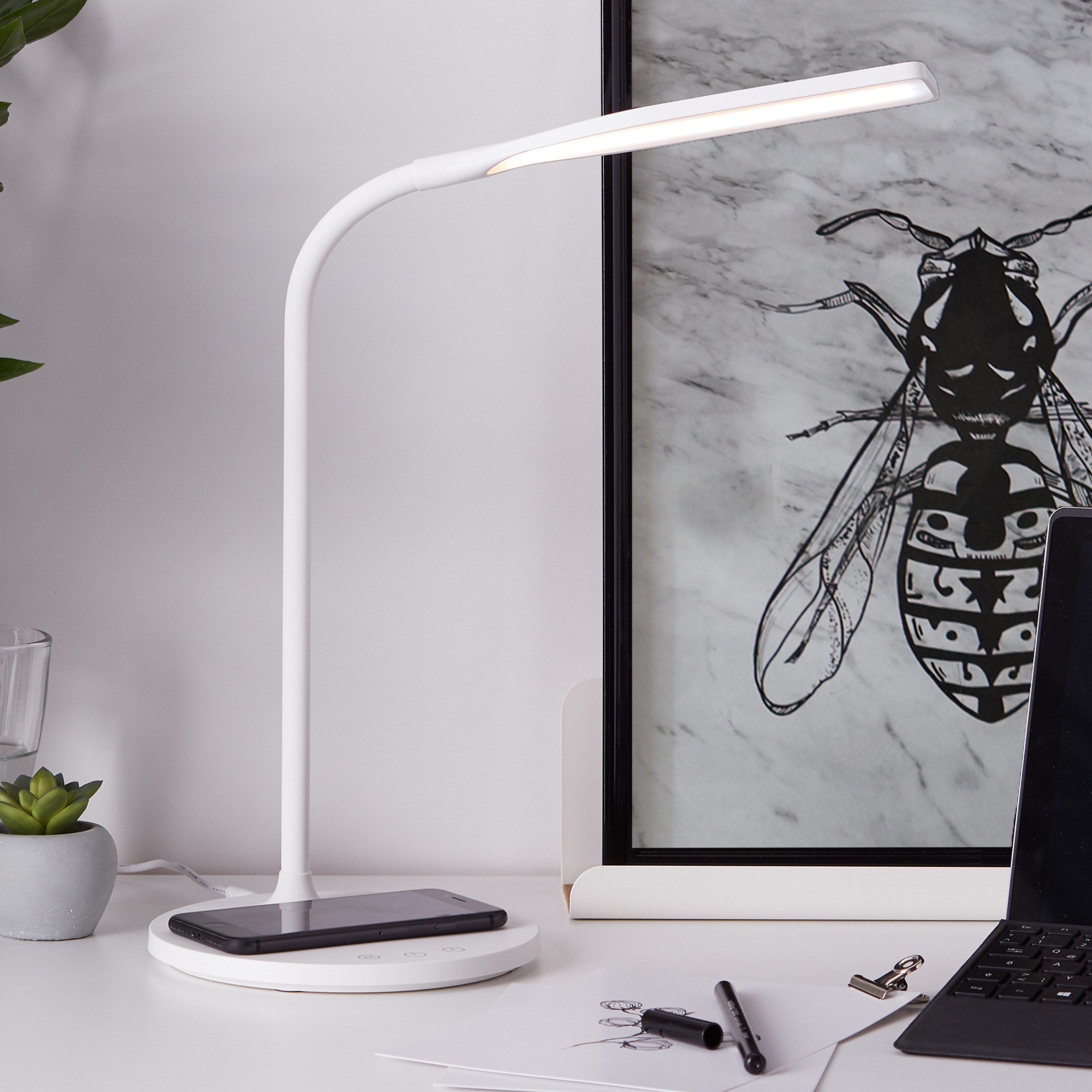 Lightbox Tischleuchte, LED fest integriert, warmweiß - kaltweiß, LED Tischlampe, CCT, Induktionsladeschale, 34 cm, 450 lm