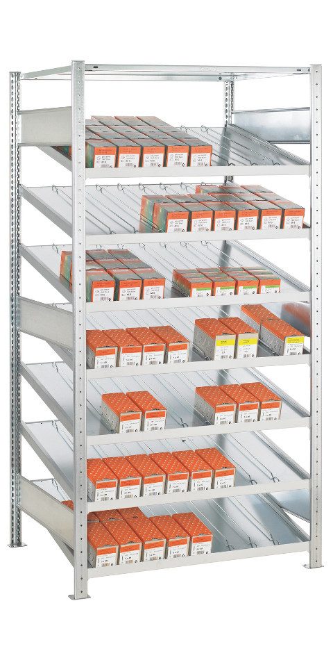 Steckregal Kanban.GR. 2000x1300x600 mm, mit - Trenn-und Seitenführung, 8 Böden