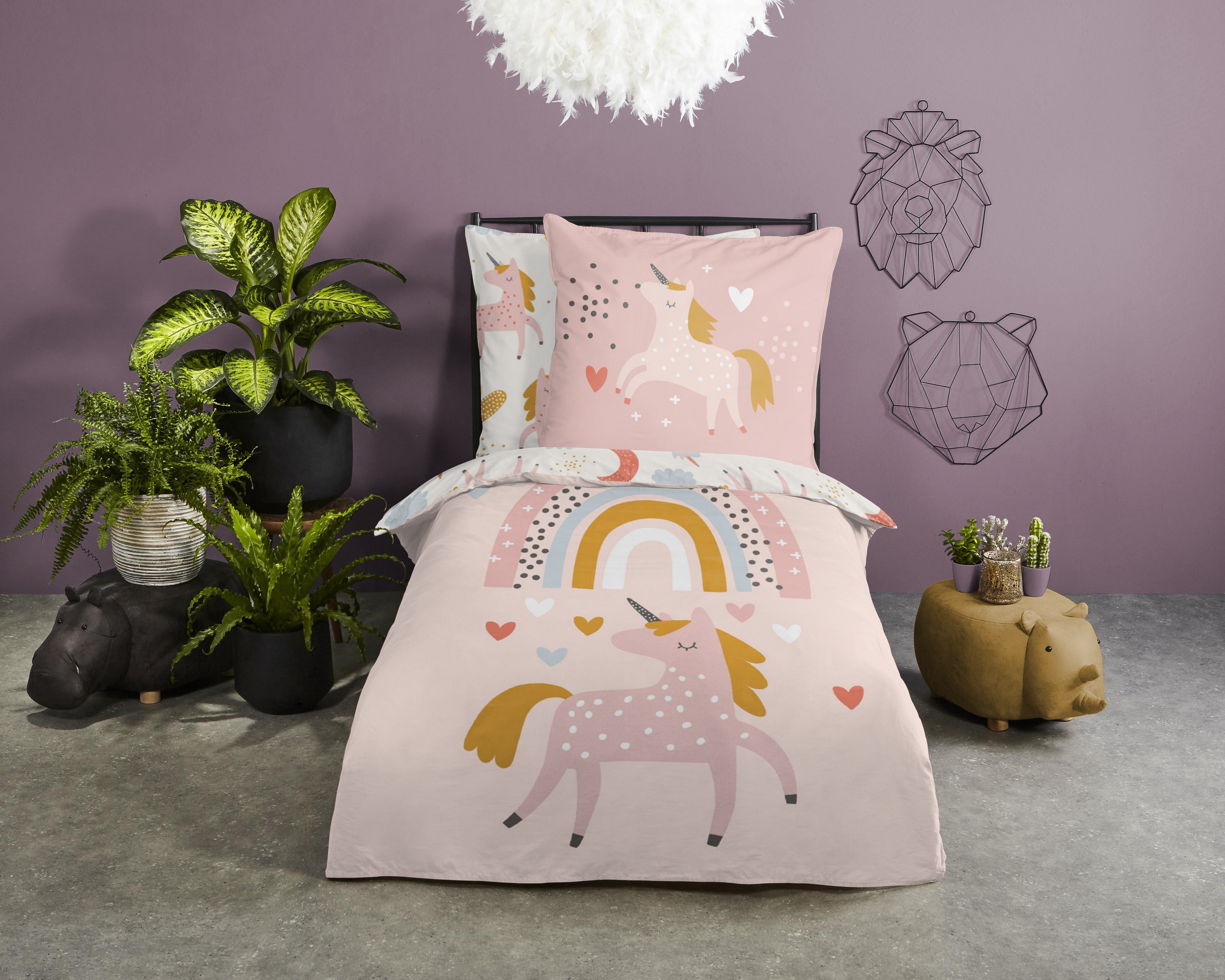 good morning Kinderbettwäsche Unilove, Renforcé, 2 teilig, Baumwolle, 135x200, Reißverschluss, Wende, Kind Mädchen, Einhorn, Rosa