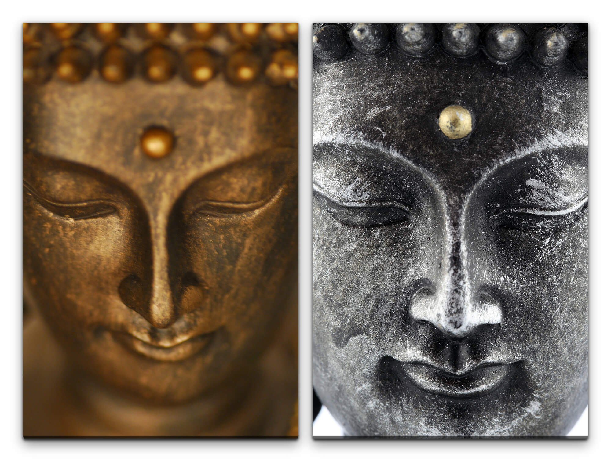 Sinus Art Leinwandbild 2 Bilder je 60x90cm Buddha Buddhakopf Statue Buddhismus Meditation Achtsamkeit positive Energie