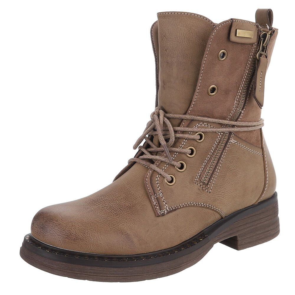 Ital-Design Damen Boots mit Schnürung und Reißverschluss für Alltag Stiefelette (90542922) Blockabsatz Schnürstiefeletten in Hellbraun
