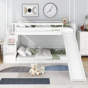 OKWISH Kinderbett Etagenbett mit Treppe und Rutsche, Rahmen aus massivem Kiefernholz (90x200cm, Weiß), Etagenbett-Design,Bequeme Treppe und Aufbewahrungsfunktion