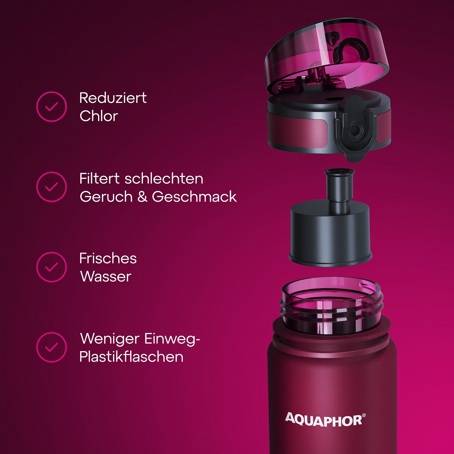 AQUAPHOR Trinkflasche CITY Flasche mit Wasserfilter für unterwegs, 500ml. I, Filter mit Aktivkohle I Aus Tritan & BPA-frei I rubin