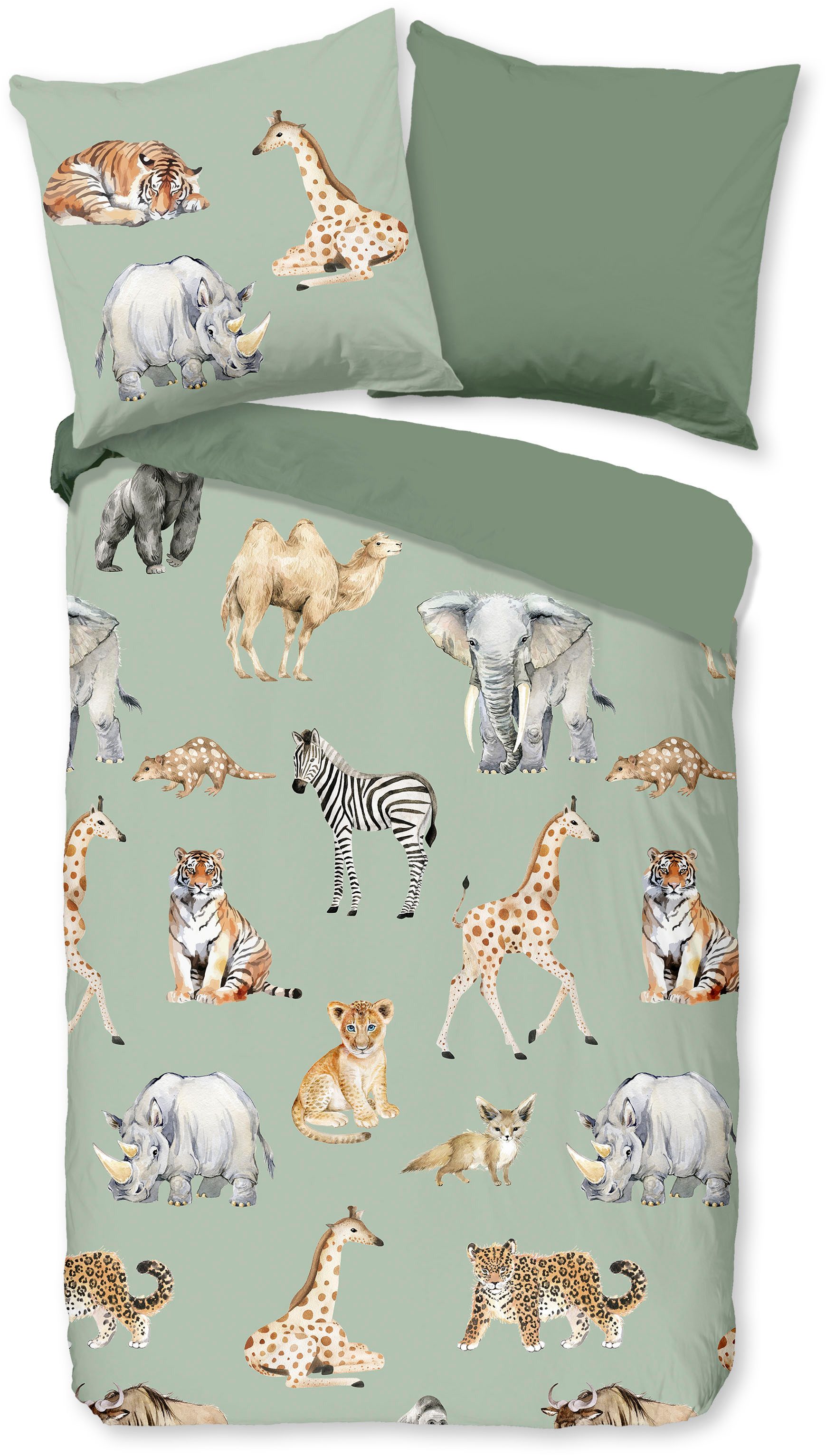 PURE luxury collection Kinderbettwäsche Safari, Microfaser, 2 teilig, Mikrofaser, 135x200, Pflegeleicht, Wendeoptik, Kind, Tier, Tiere, Grün