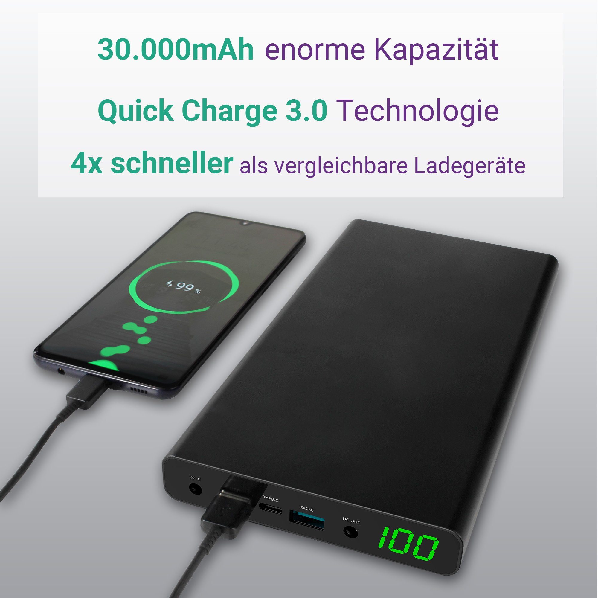 Xoro MPB 3000 Mobile externe Akku Powerbank 30.000 mAh Powerbank XORO MPB 3000 30000 mAh (5, 9, 12, 16, 19 V), Quick Charge 3.0 und POWER IQ mit mehreren Ausgängen
