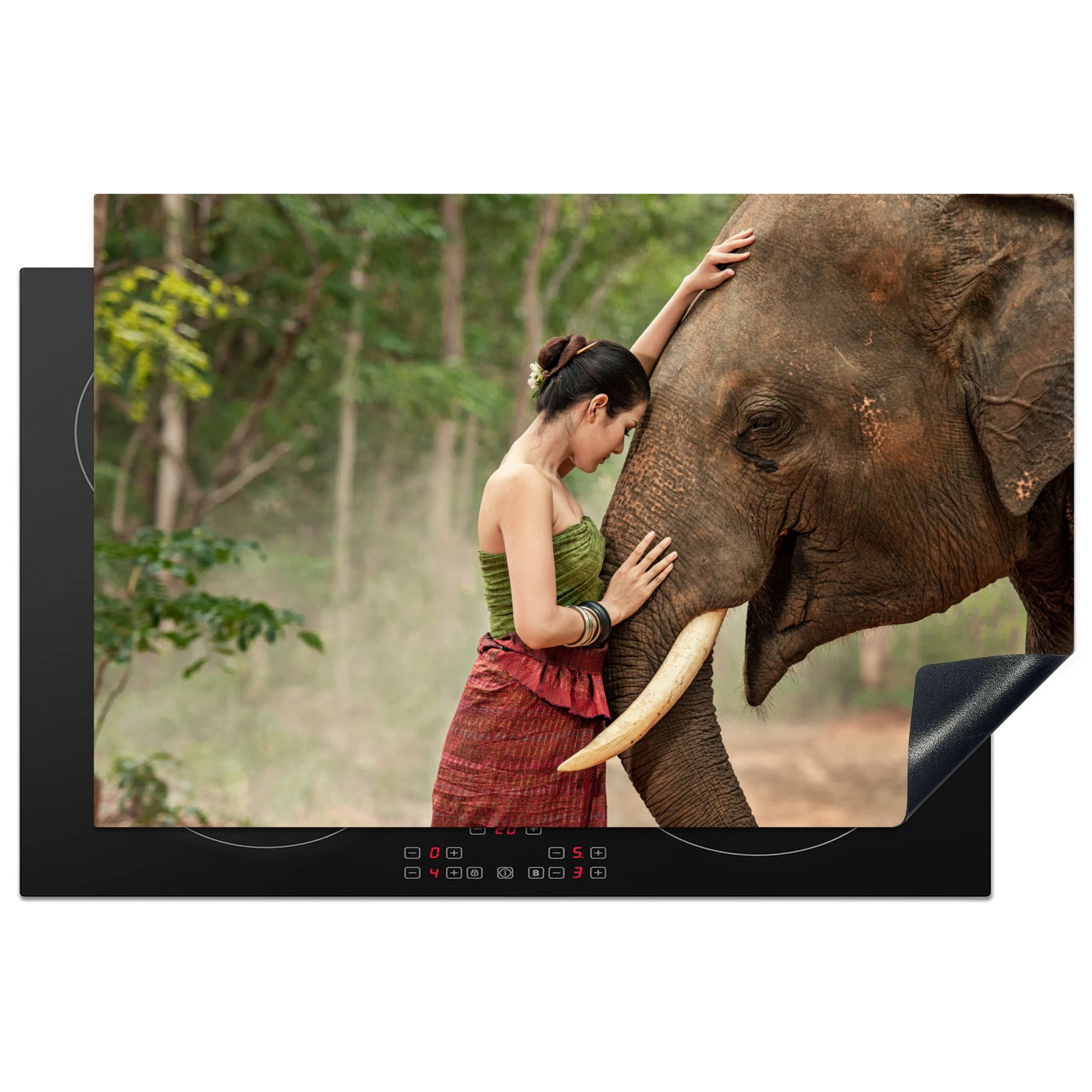 MuchoWow Herdblende-/Abdeckplatte Eine Frau umarmt einen Elefanten, Vinyl, (1 tlg), 81x52 cm, Induktionskochfeld Schutz für die küche, Ceranfeldabdeckung