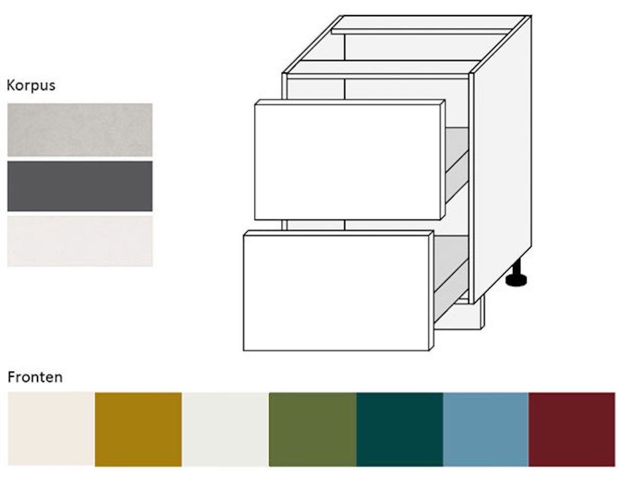 Feldmann-Wohnen Unterschrank Rimini (2 Schubladen mit Teilauszug, 1-St., moderne Optik, MDF Kasetten-Fronten, Soft-Close) 60x50x82cm Farbe wählbar