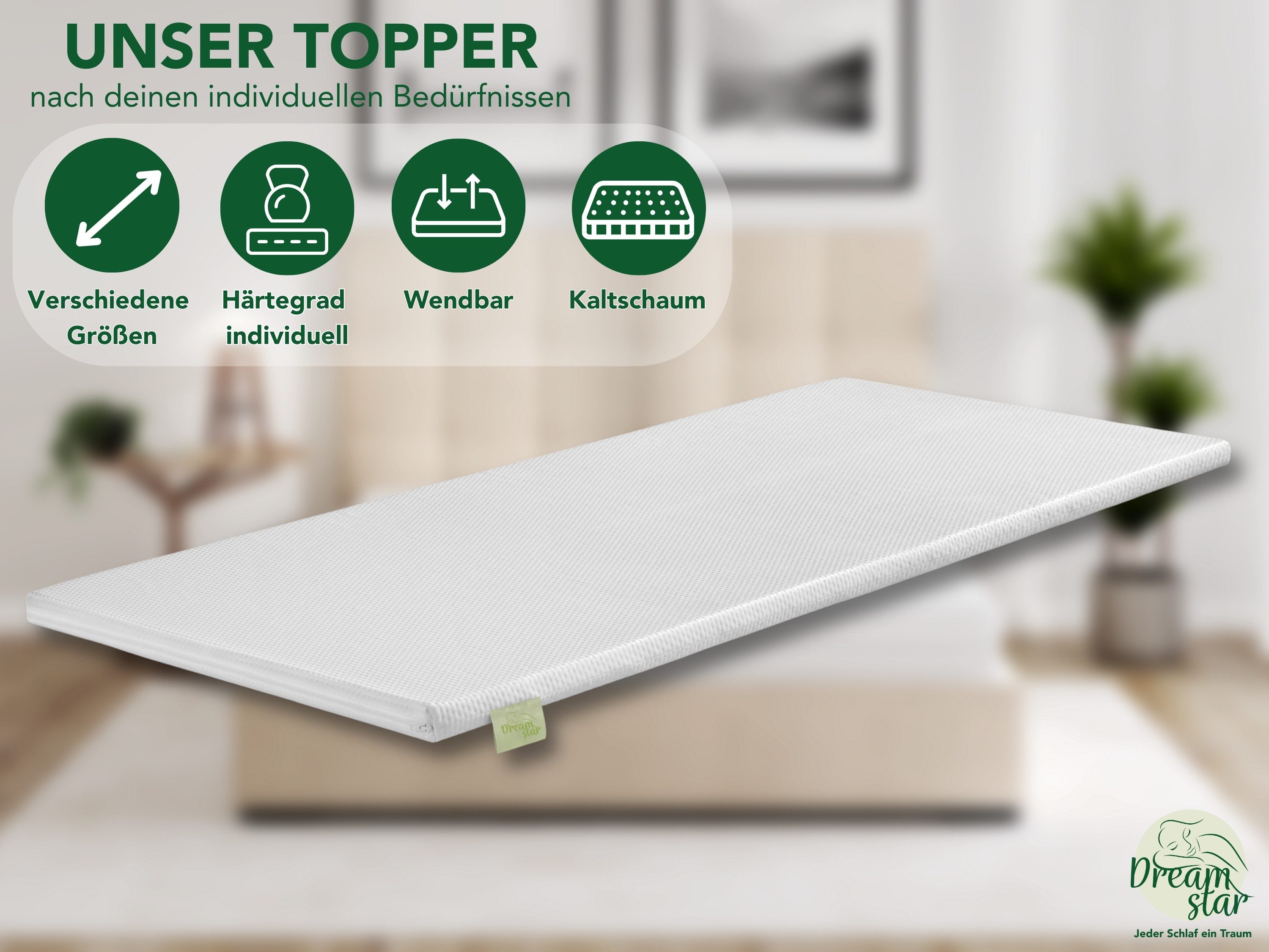 Dreamstar, Topper Easy Dream, ergonomischer Matratzentopper, Kaltschaum - H2/H3/H4/H5, 5 cm hoch, Kaltschaum, rutschfest, Bezug waschbar - für Matratzen und Boxspringbetten